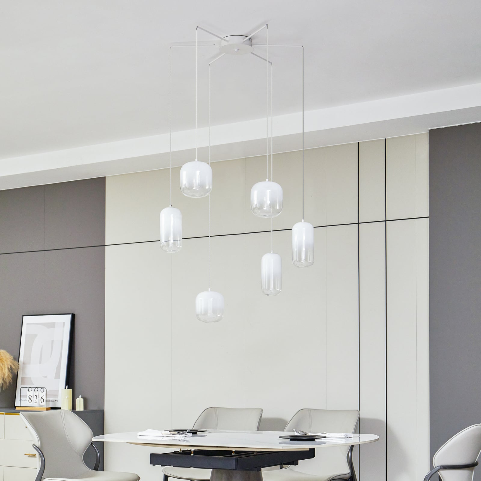 LED pendellampe Avelina 6-lys glass/metall hvit Ø77 cm detalj