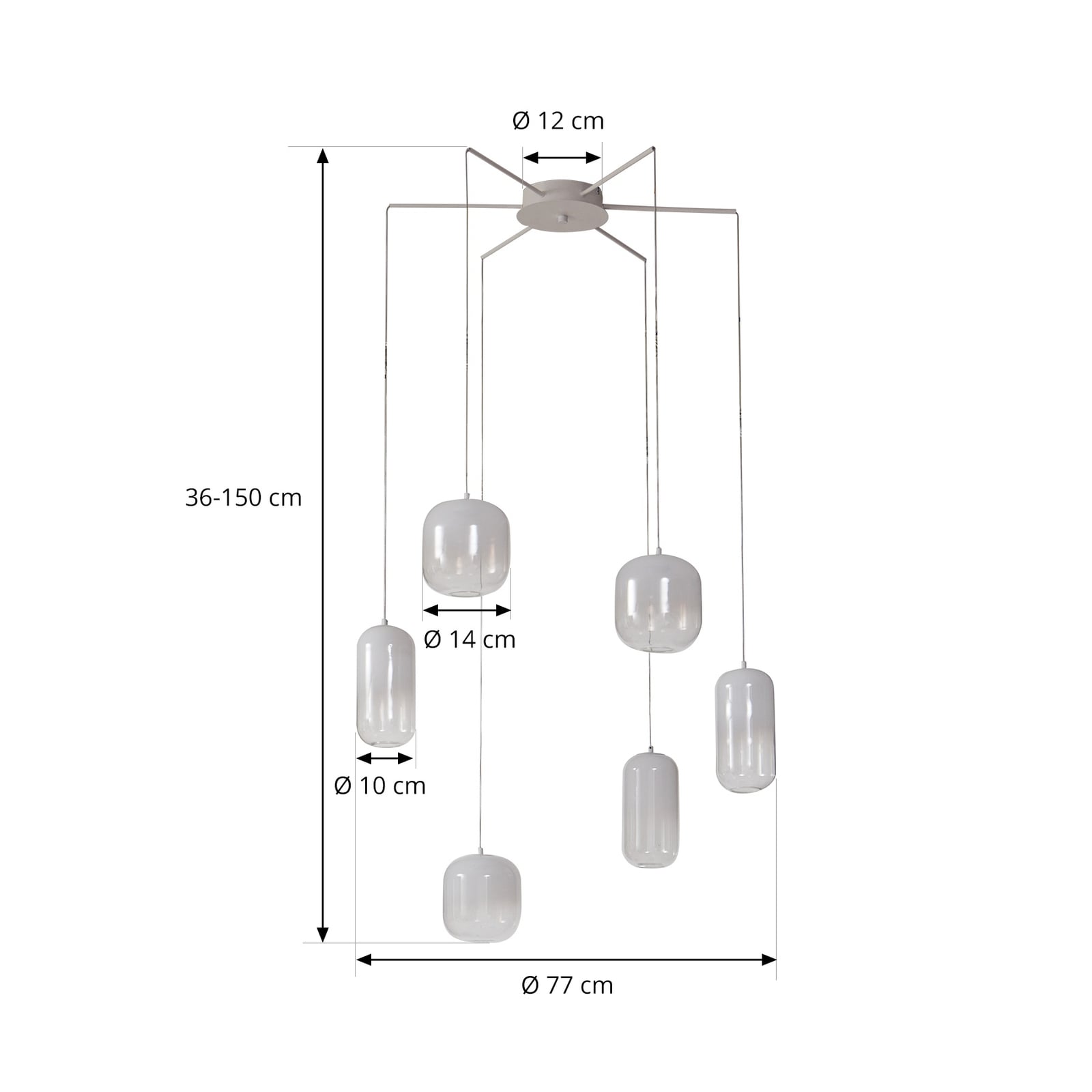LED pendellampe Avelina 6-lys glass/metall hvit Ø77 cm nærbilde