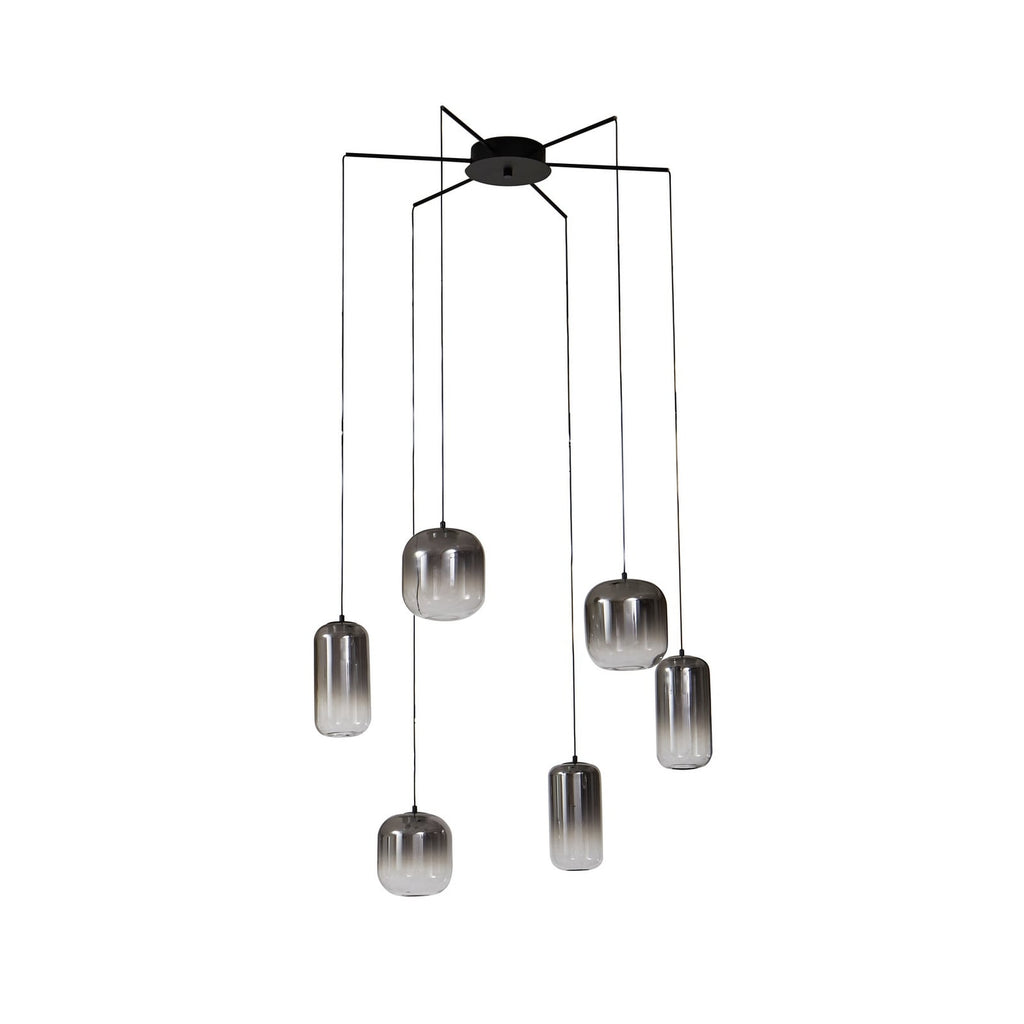 LED pendellampe Avelina 6-lys røykgrå glass Ø77 cm montert i rom