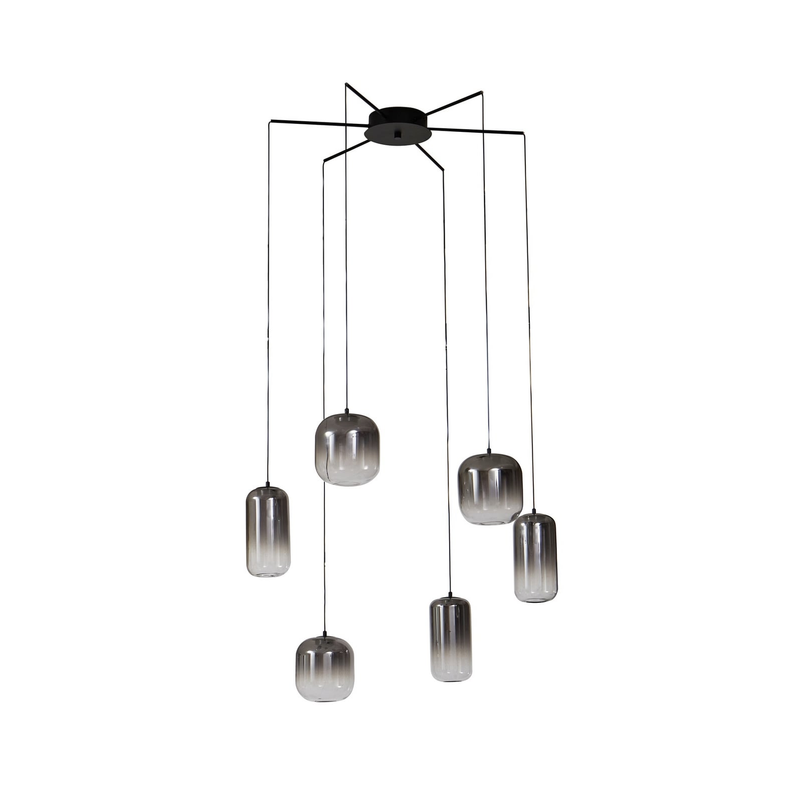 LED pendellampe Avelina 6-lys røykgrå glass Ø77 cm montert i rom
