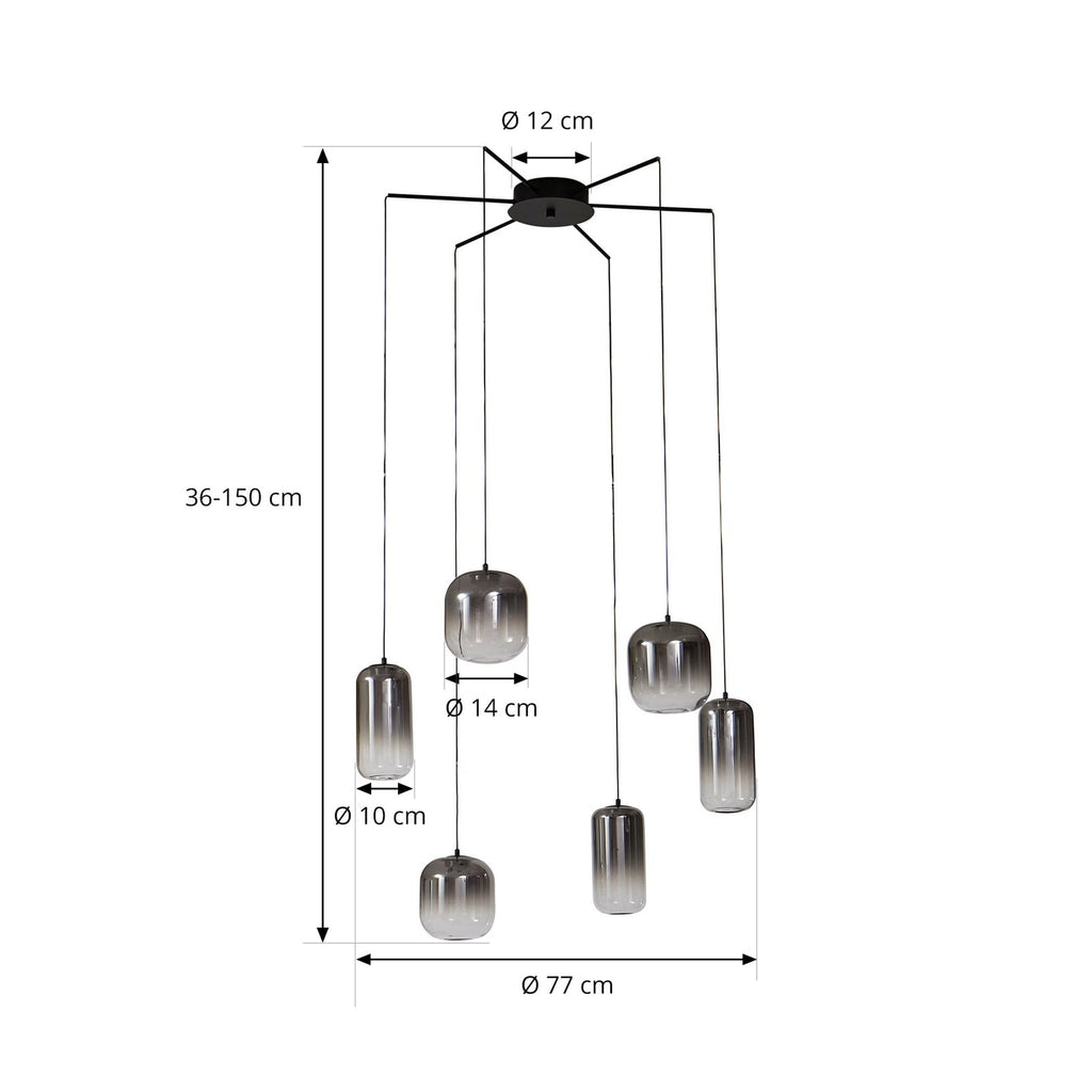 LED pendellampe Avelina 6-lys røykgrå glass Ø77 cm nærbilde av lyspærer