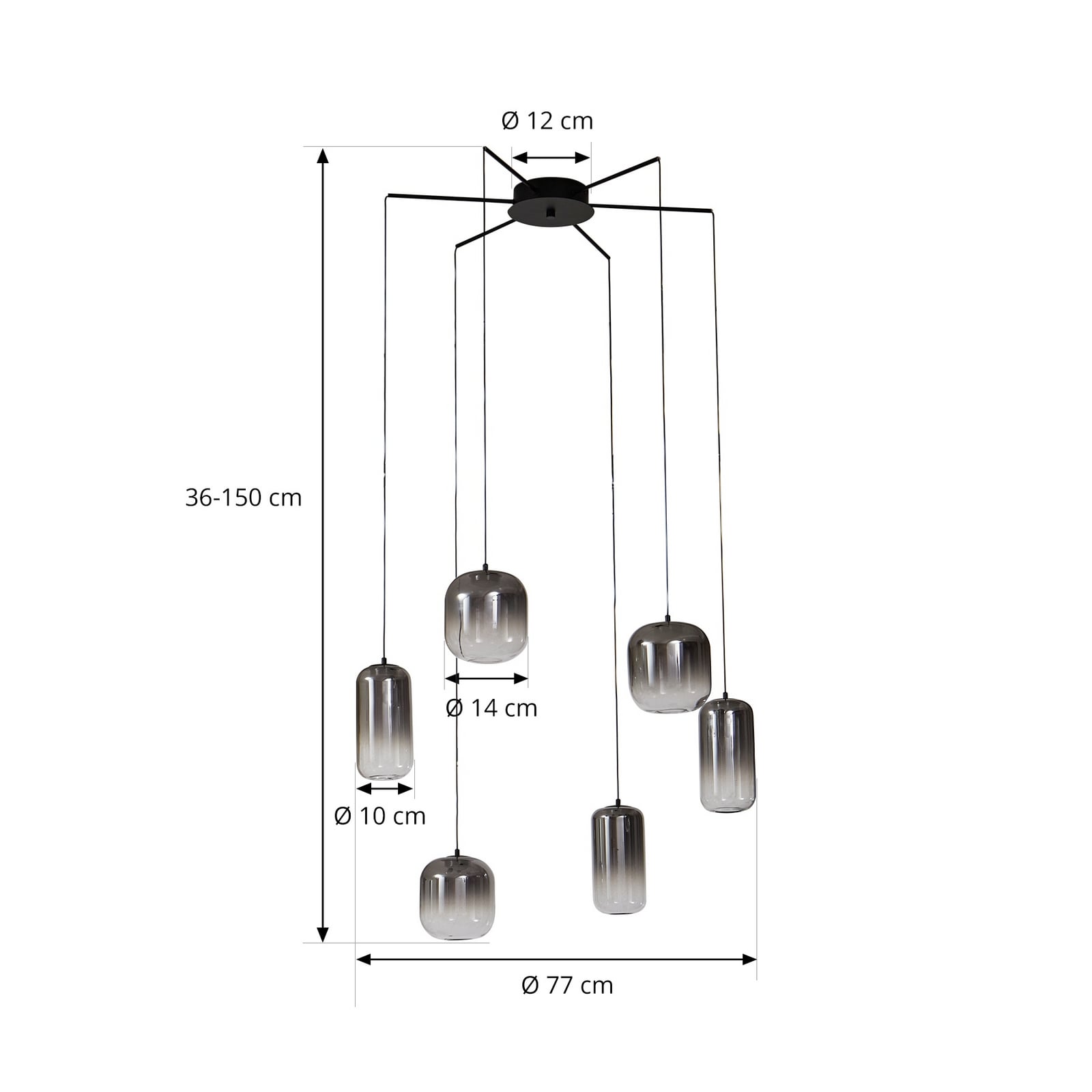 LED pendellampe Avelina 6-lys røykgrå glass Ø77 cm nærbilde av lyspærer