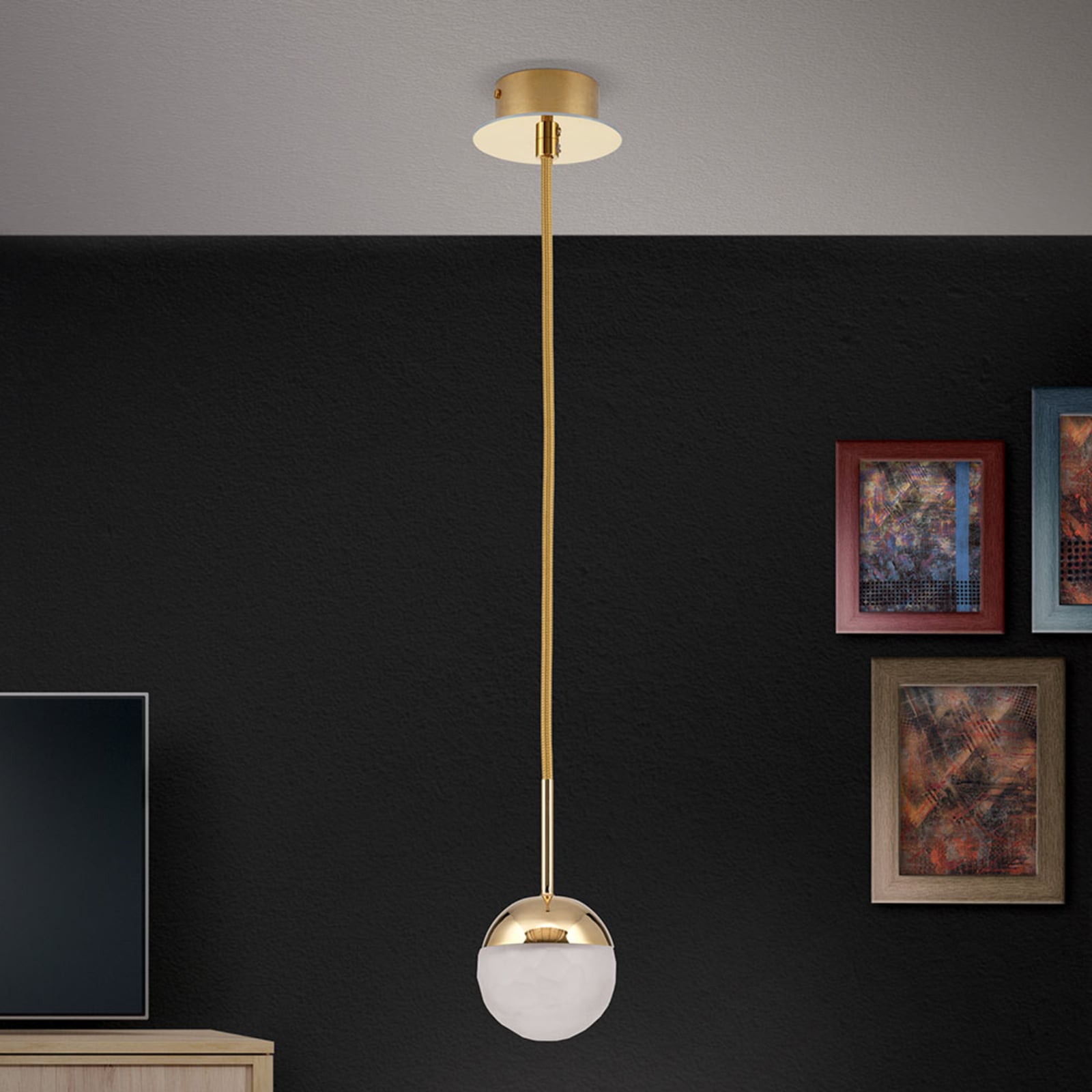 LED pendellampe Ball krystallglass kule Ø10 cm dimbar gull detalj