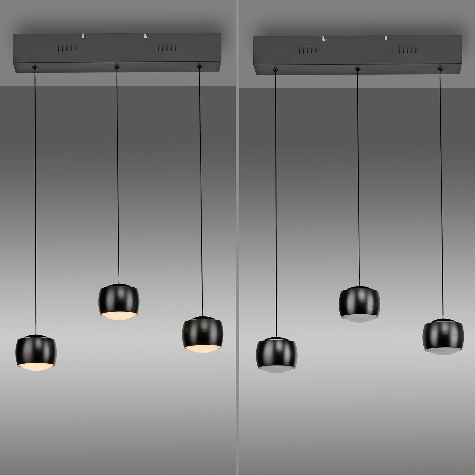 LED pendellampe Ballini 3-lys svart dimbar 60 cm lysdetalj