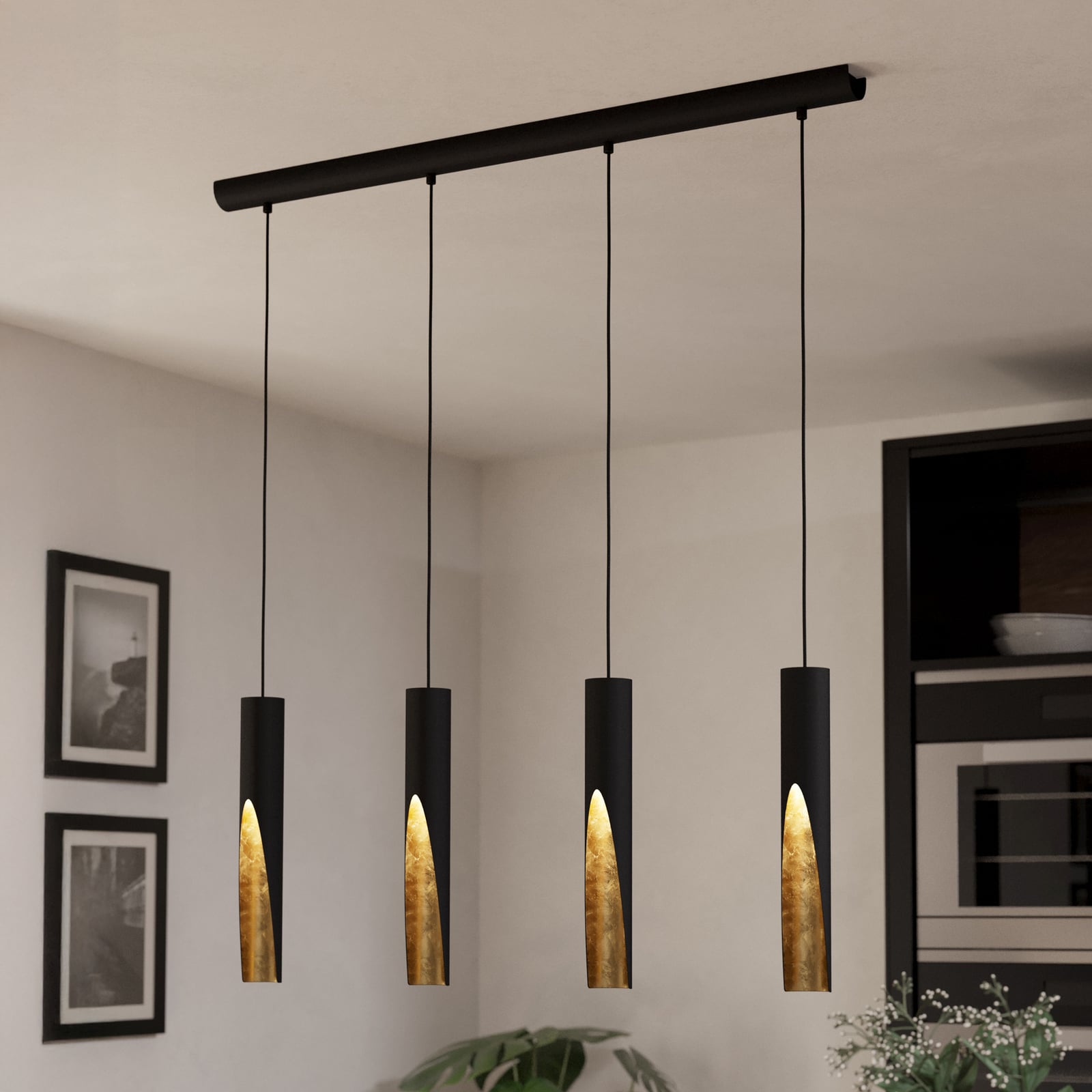 LED pendellampe Barbotto svart/gull 4-lys GU10 92,5 cm forfra