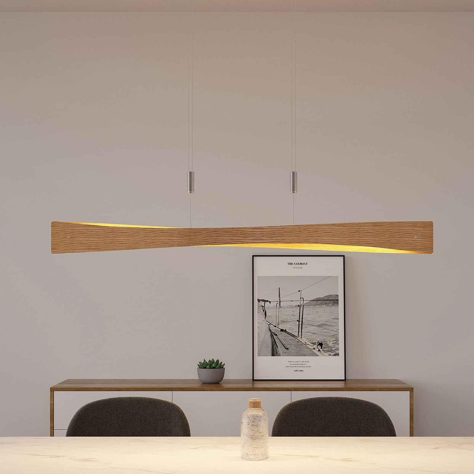 LED pendellampe Beazina eik og metall dimbar montert i rom