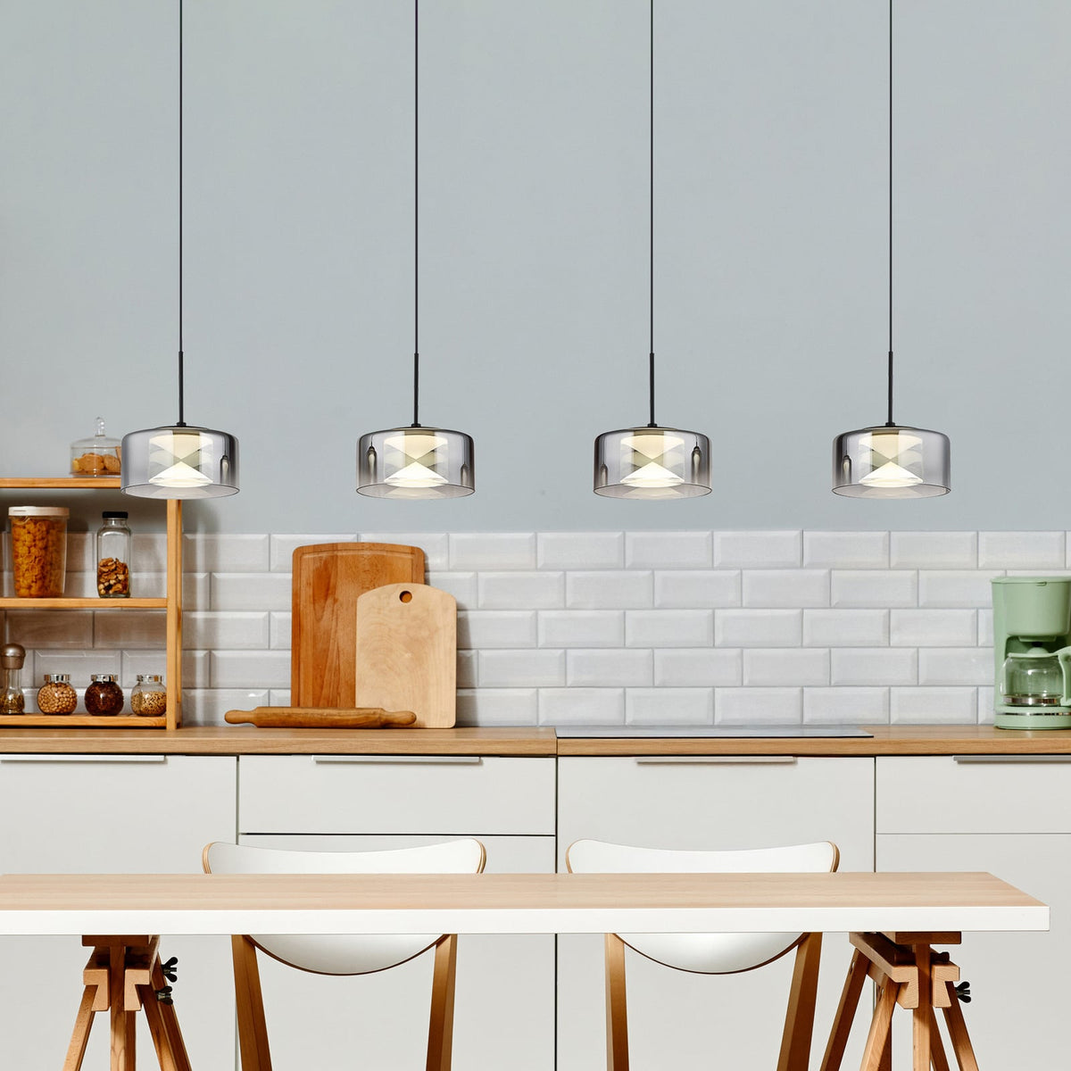 LED pendellampe Belinda 4-lys røykgrå glass 105 cm forfra