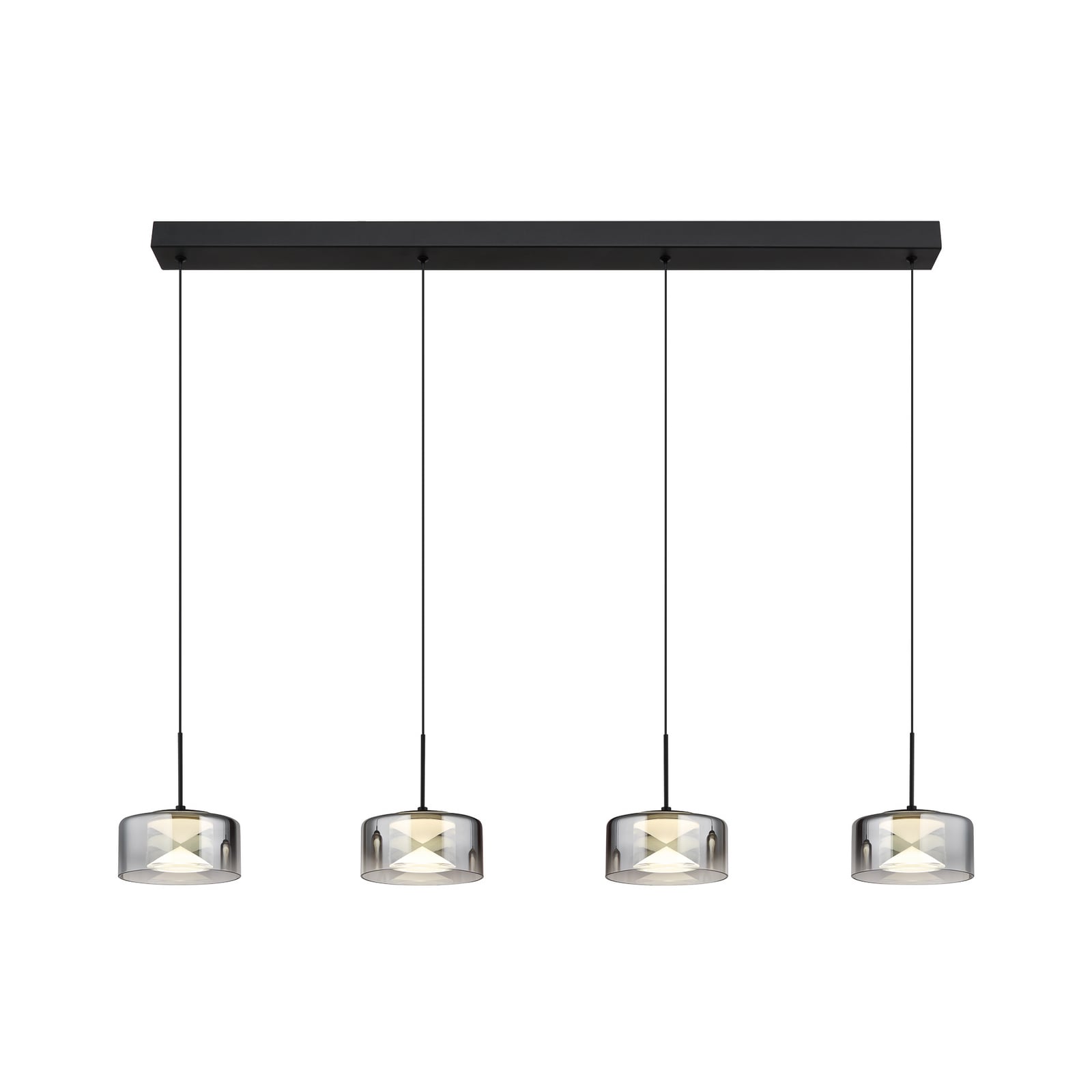LED pendellampe Belinda 4-lys røykgrå glass 105 cm montert i rom