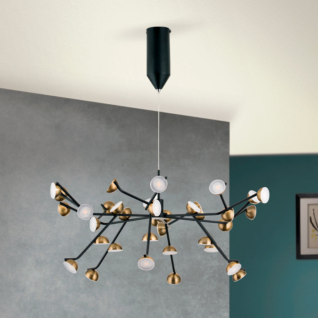 Detalj av LED pendellampe Blossom 36-lys svart/gull Ø76 cm