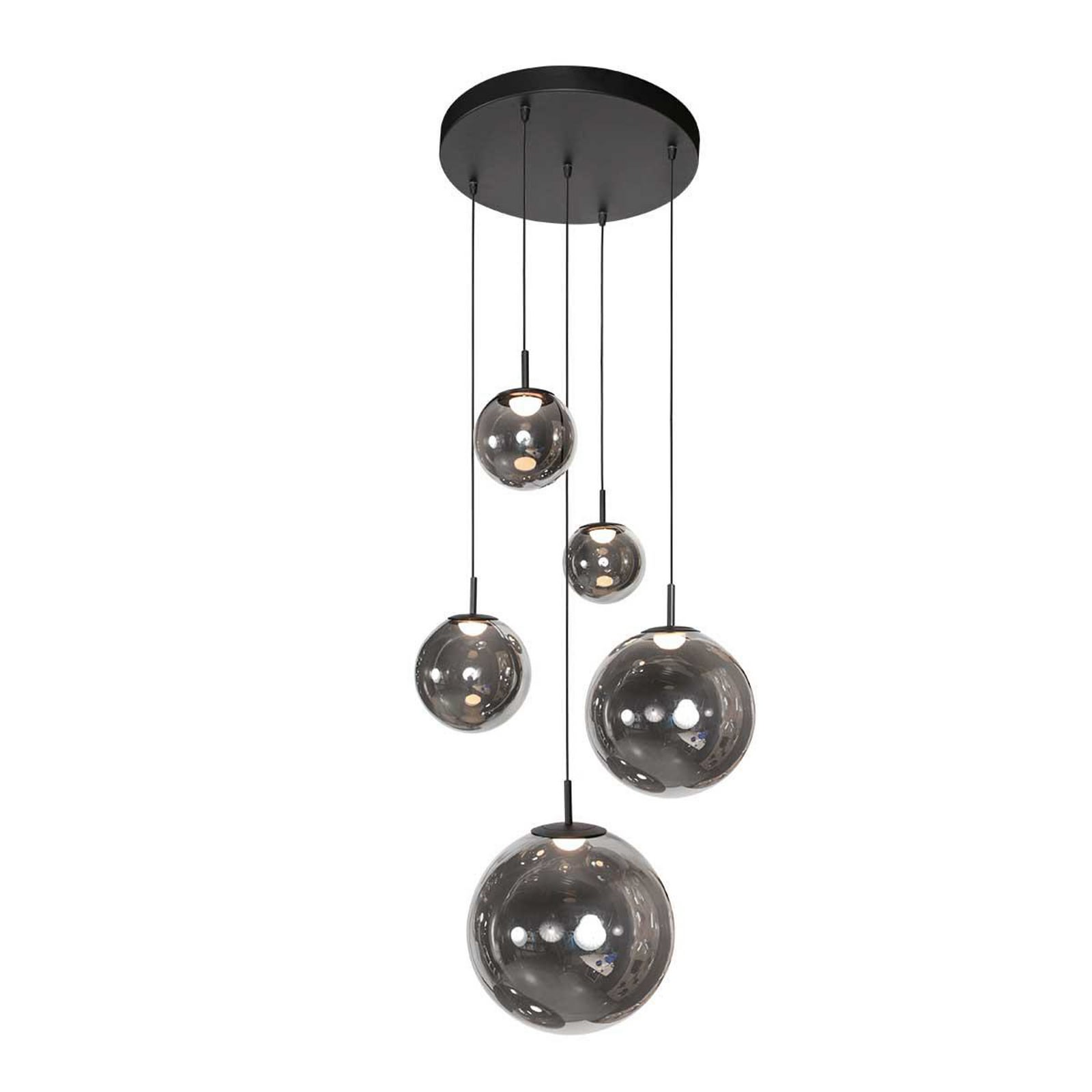 LED pendellampe Bollique 5-lys røykglass dimbar forfra