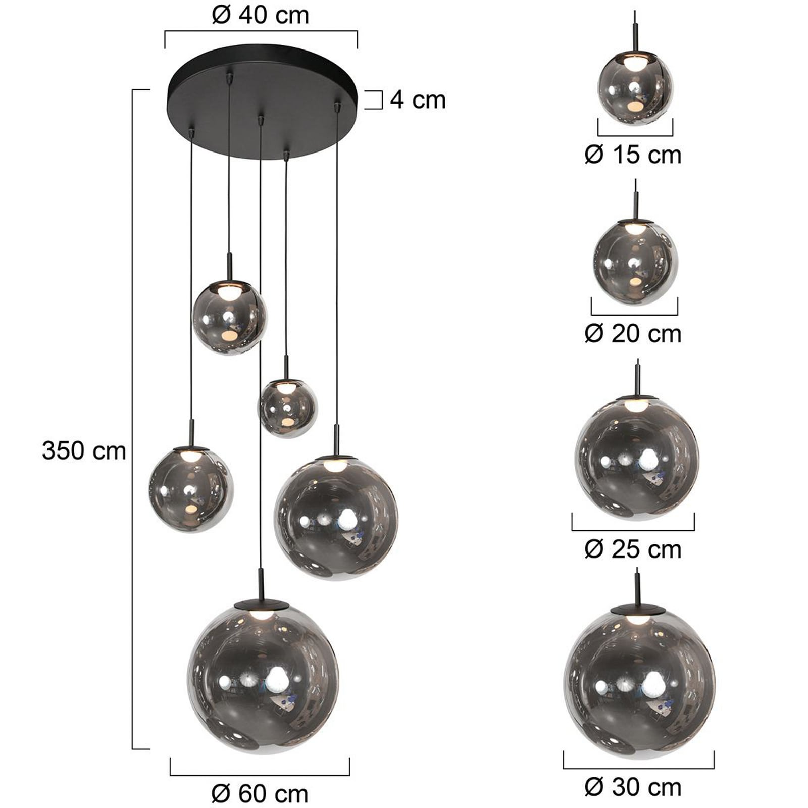 LED pendellampe Bollique 5-lys røykglass dimbar bakside