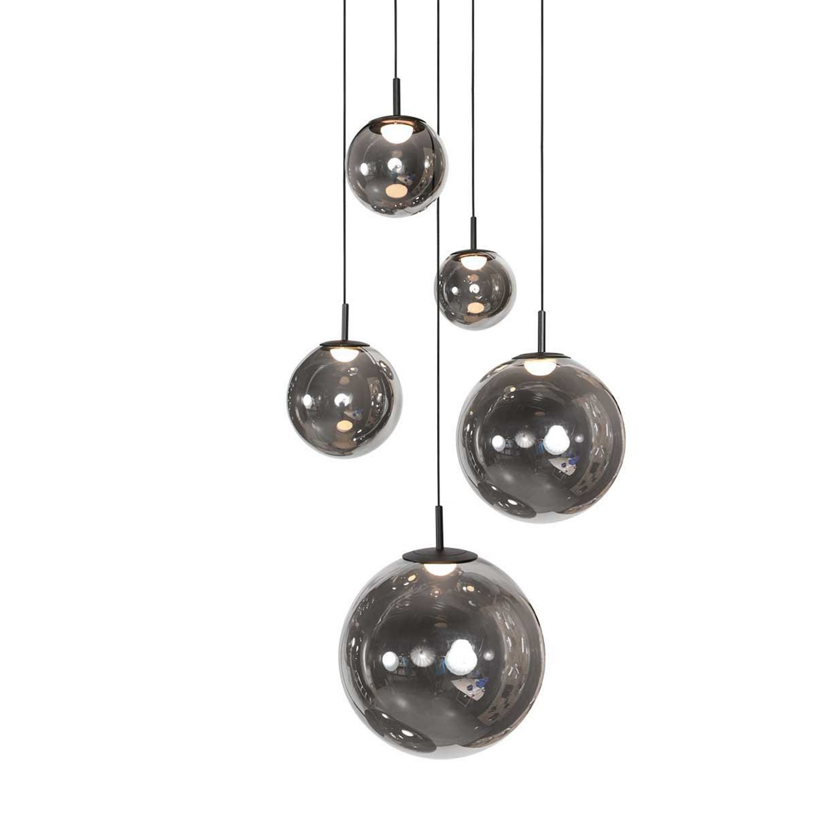 Detalj av røykglass på LED pendellampe Bollique 5-lys dimbar