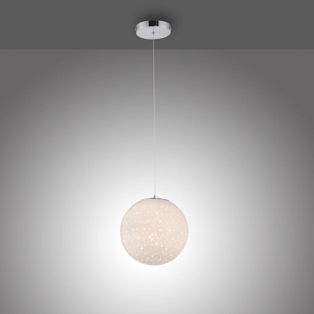Nærbilde av glasskulen på LED pendellampe Bolo glasskule stjernehimmel Ø25 cm