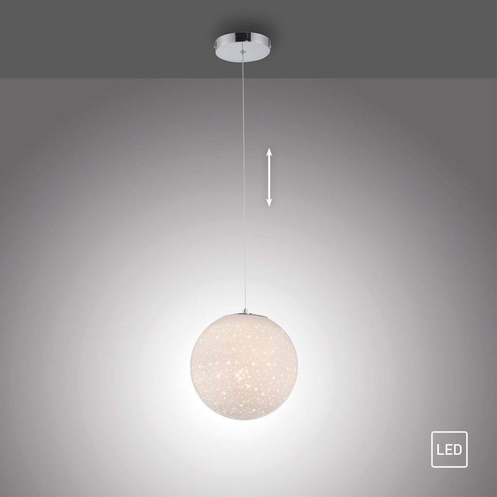 Sidevisning av LED pendellampe Bolo glasskule stjernehimmel Ø25 cm