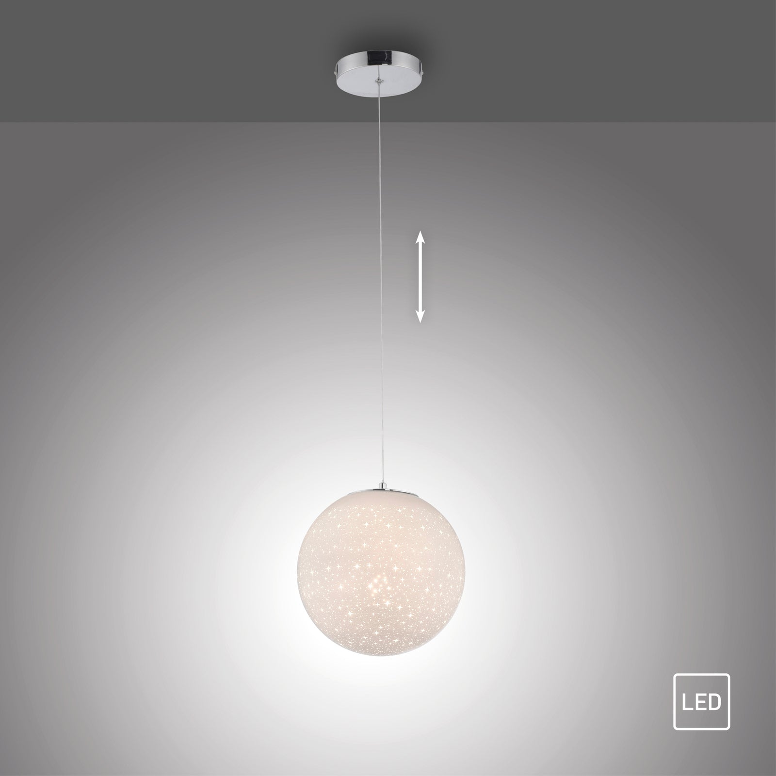 Sidevisning av LED pendellampe Bolo glasskule stjernehimmel Ø25 cm