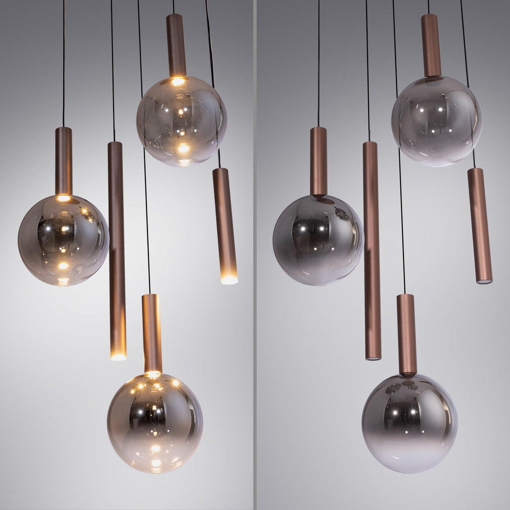 Sidevisning av LED pendellampe Bowl 5-lys glass brun grå