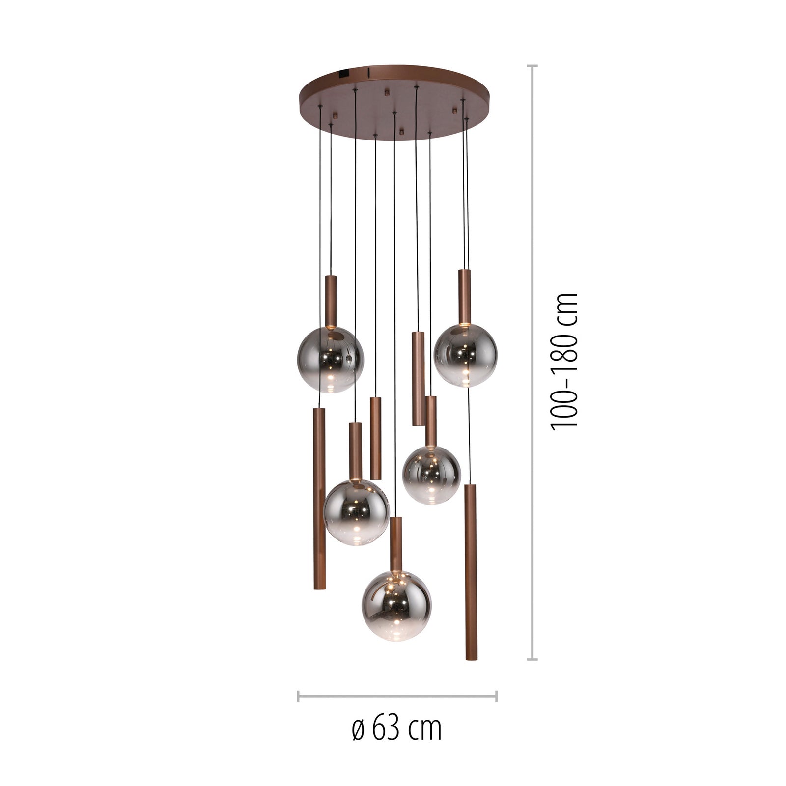 LED pendellampe Bowl 9-lys glass Ø63 cm dimbar brun/grå detalj
