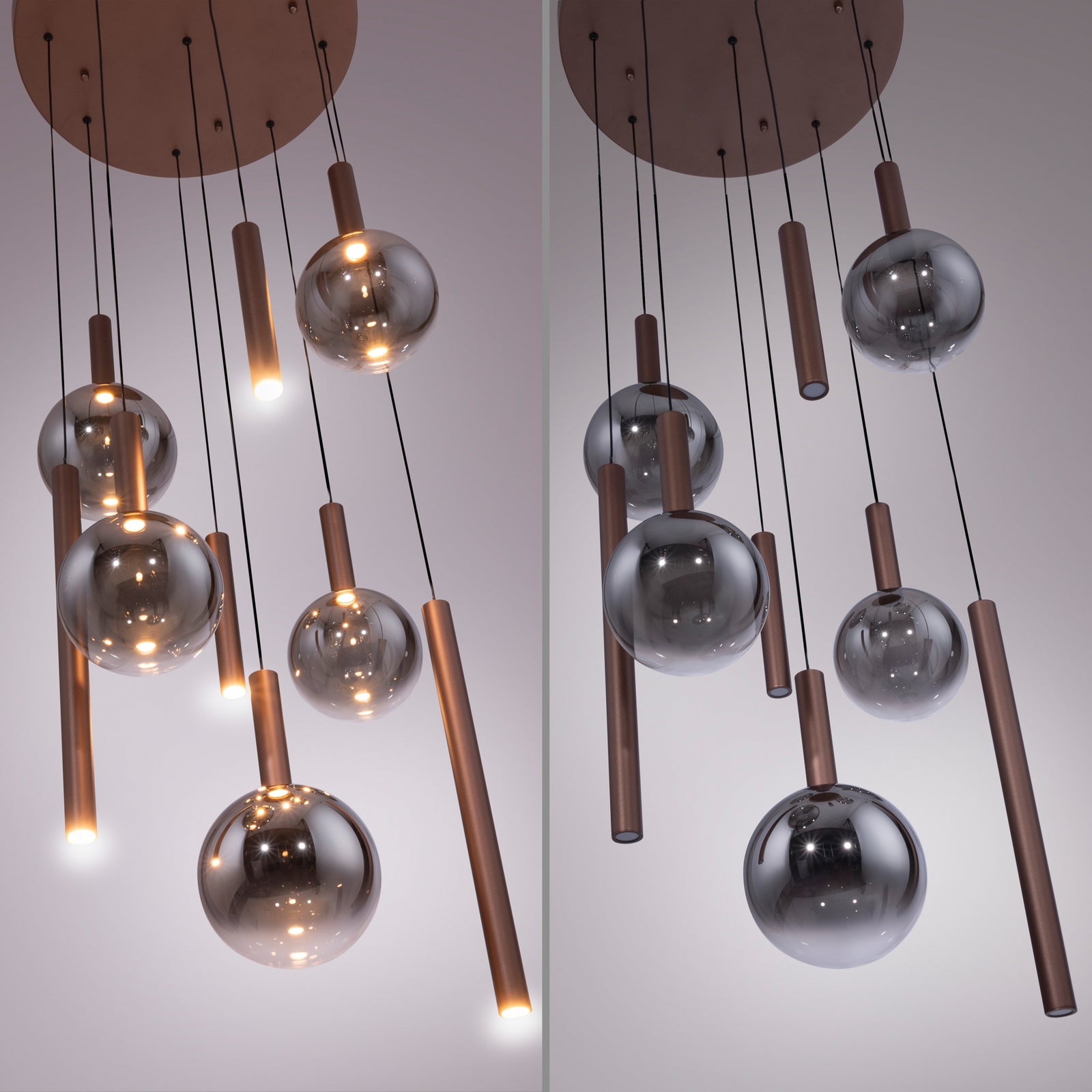 LED pendellampe Bowl 9-lys glass Ø63 cm dimbar brun/grå med justerbar høyde