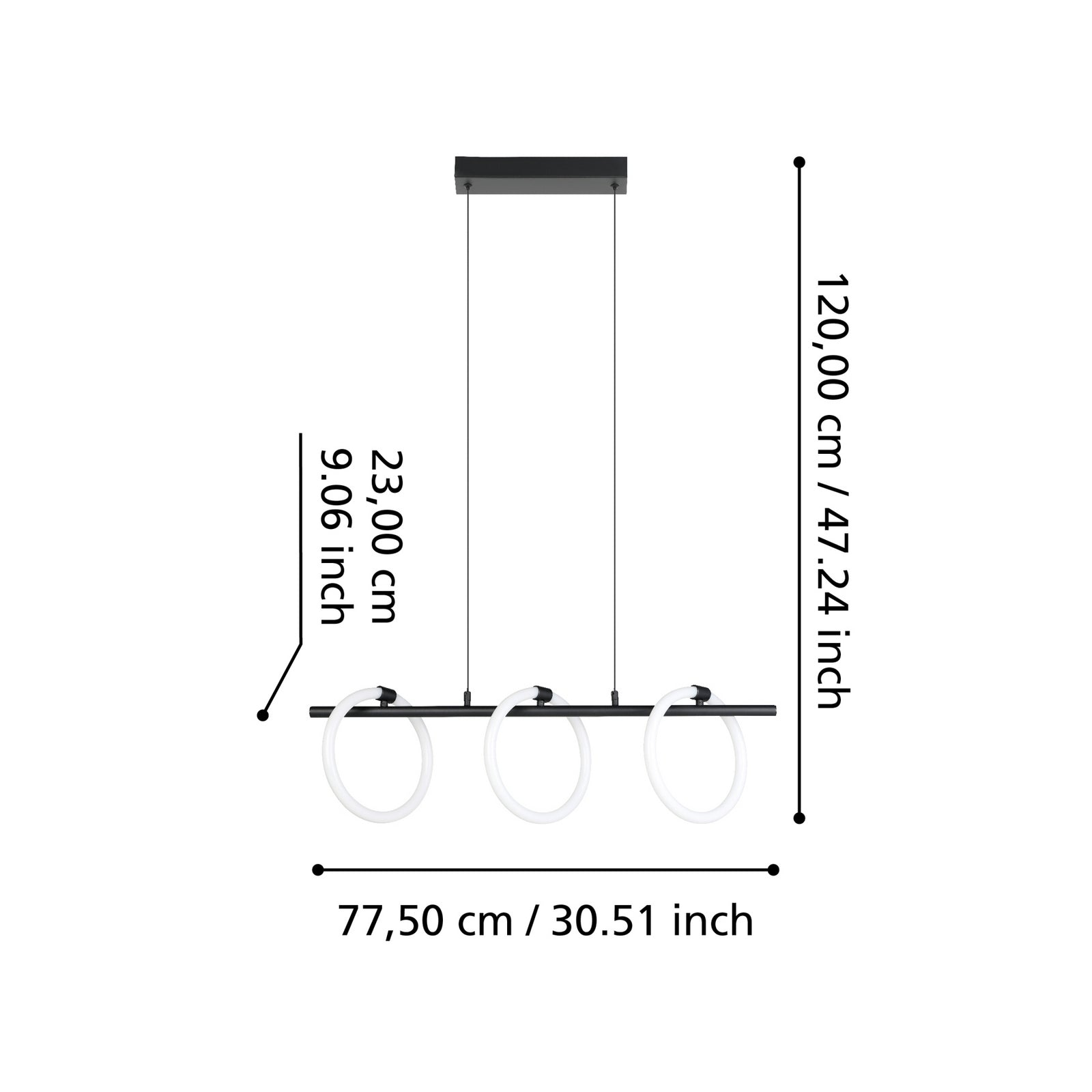LED pendellampe Caranacoa 3-lys svart/hvit 78 cm detalj