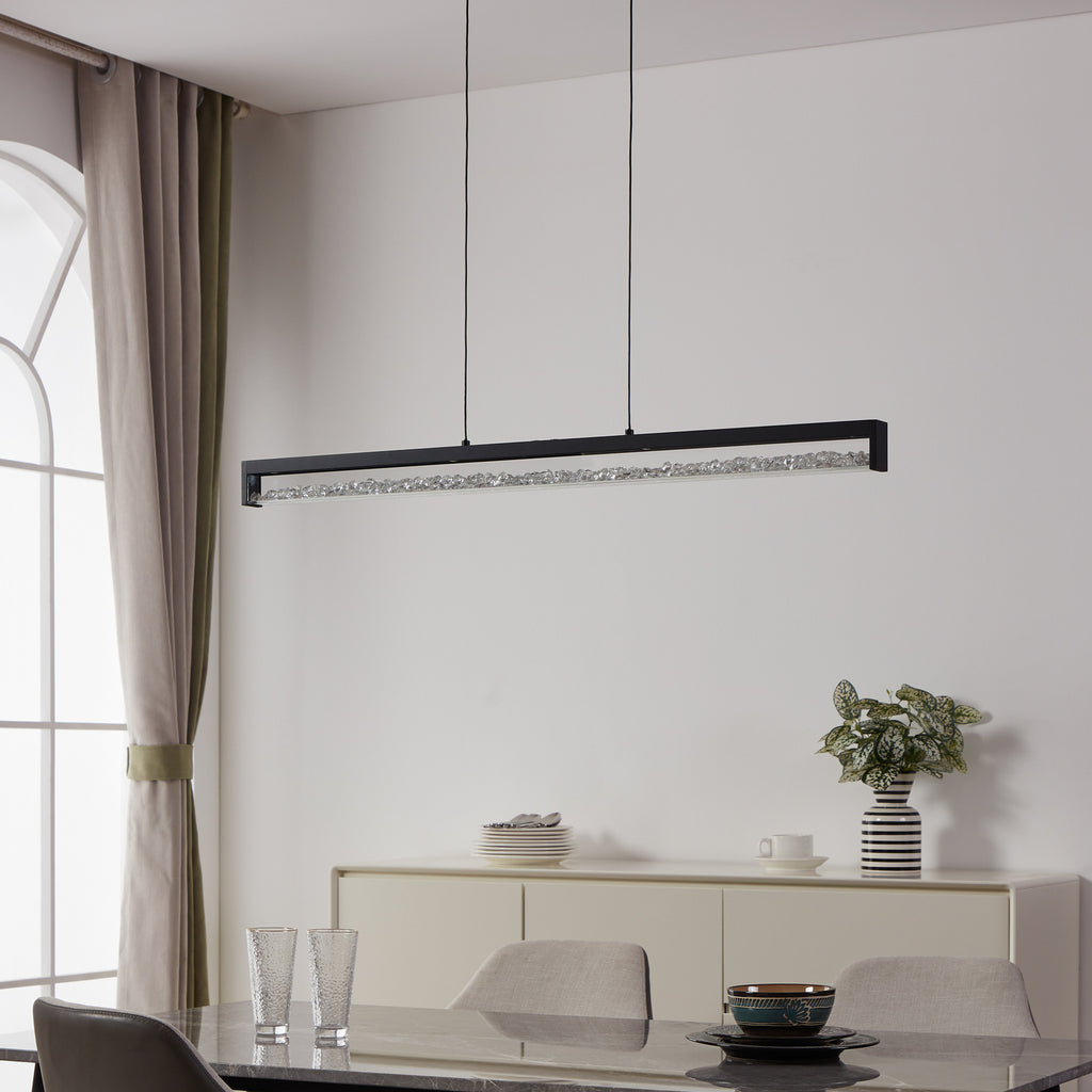 Nærbilde av krystaller på LED pendellampe Cardito CCT dimbar svart 100 cm