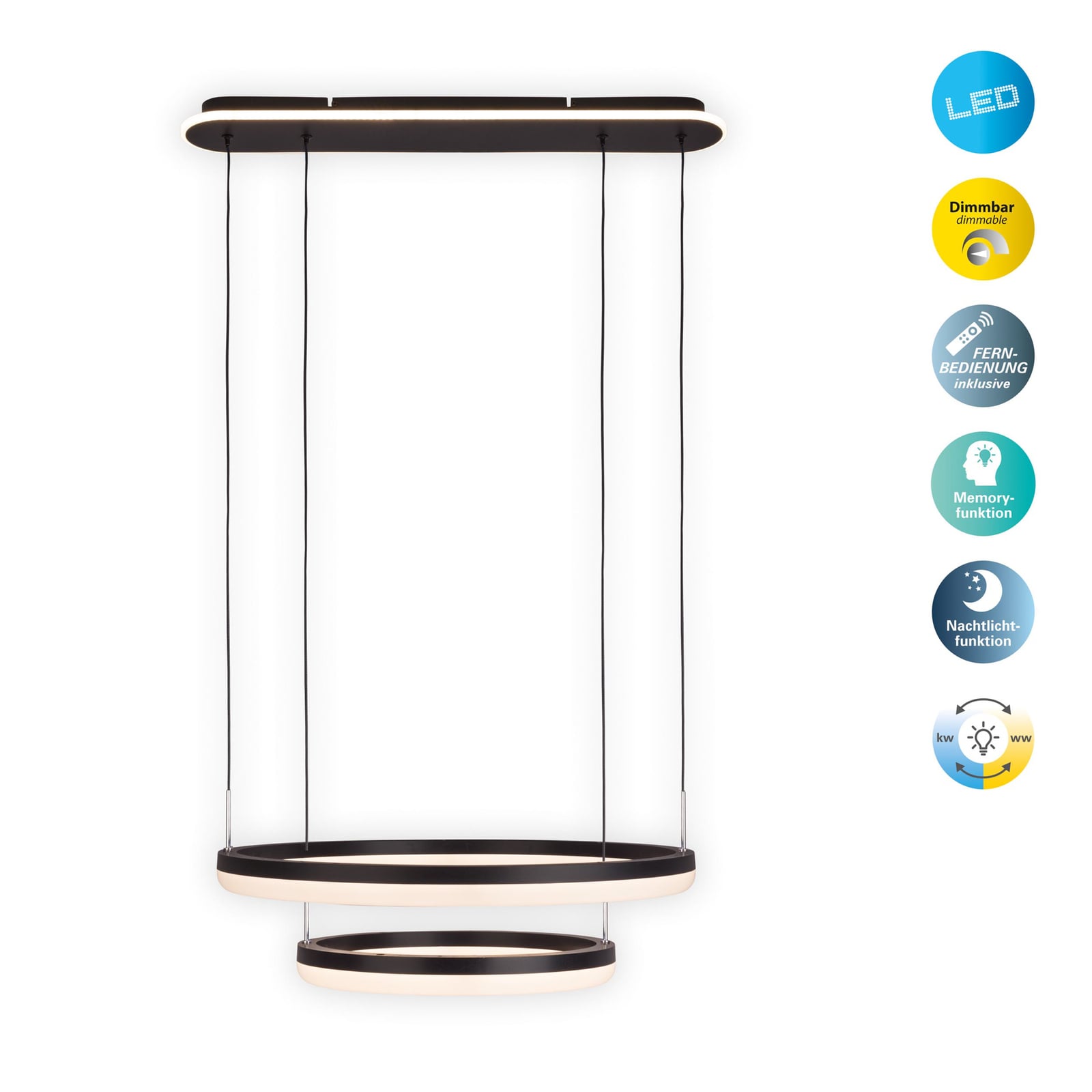 Nærbilde av fjernkontroll til LED pendellampe CCT to ringer Ø60 cm
