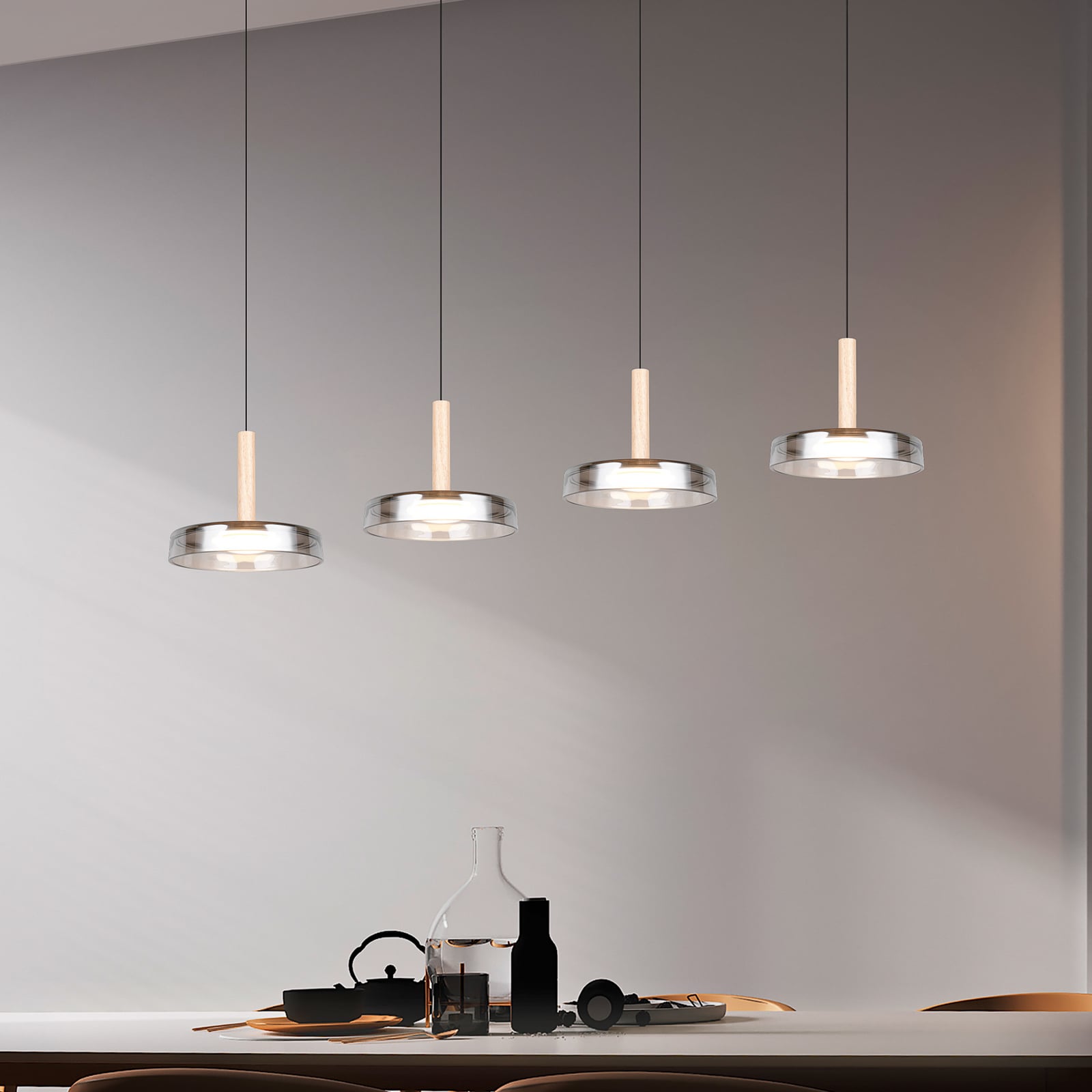 LED pendellampe Celeste 4-lys glass/tre forfra