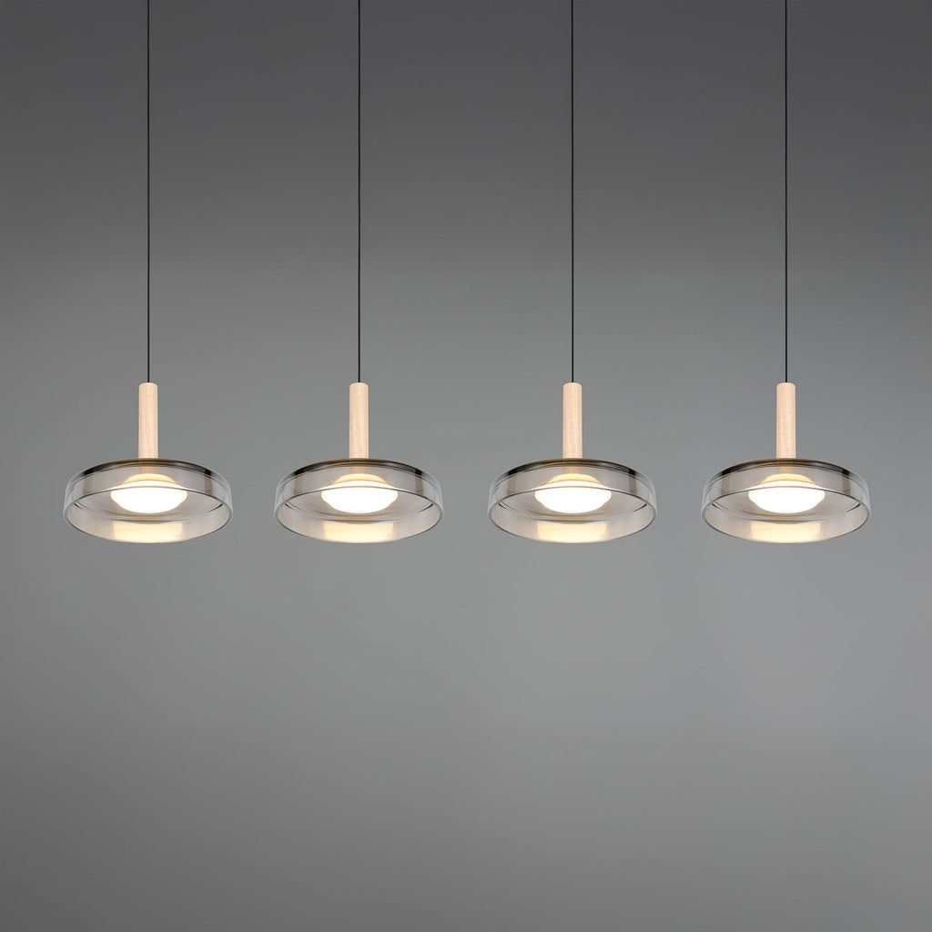LED pendellampe Celeste 4-lys glass/tre nærbilde av LED-lys