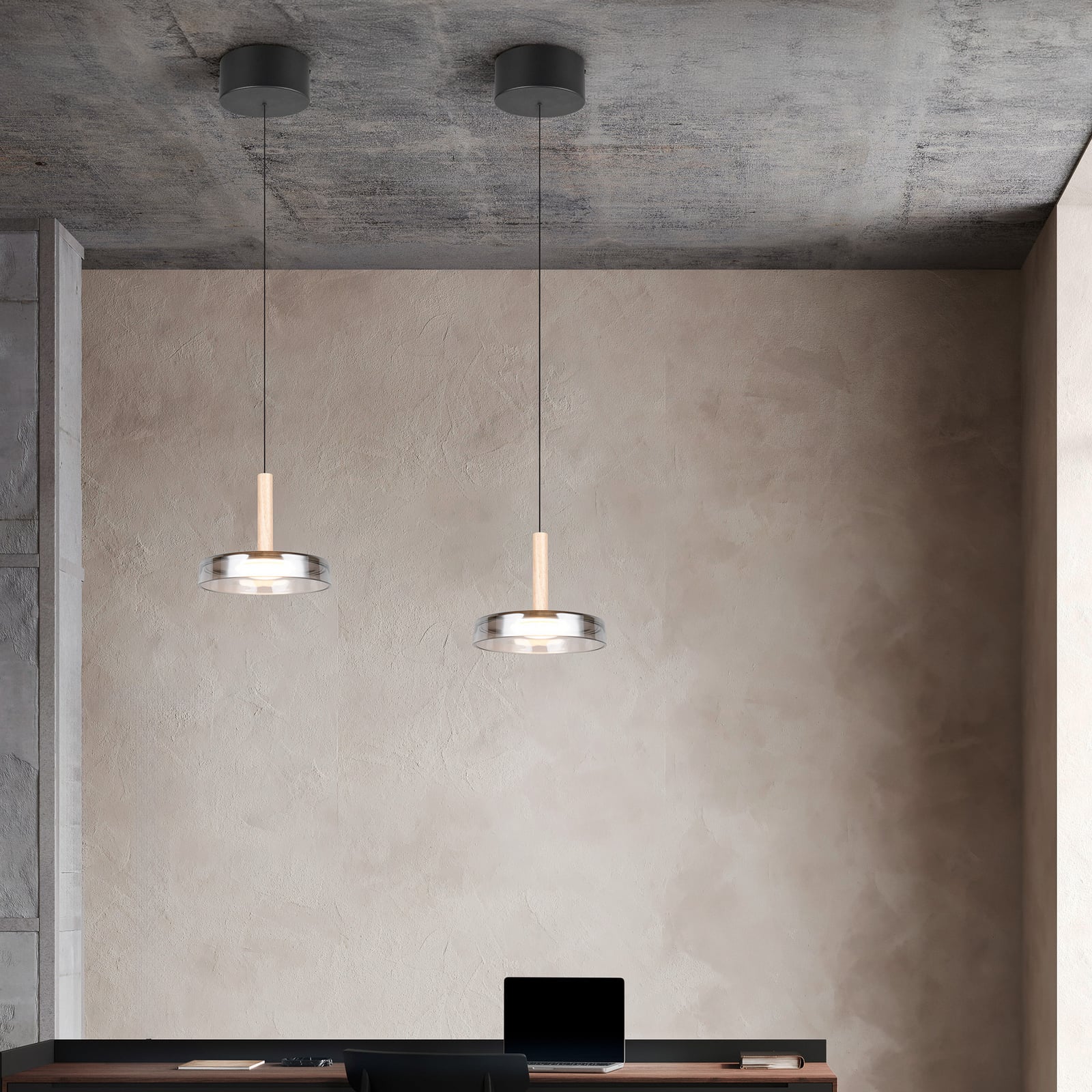 LED pendellampe Celeste dimbar glass og tre krom bakside