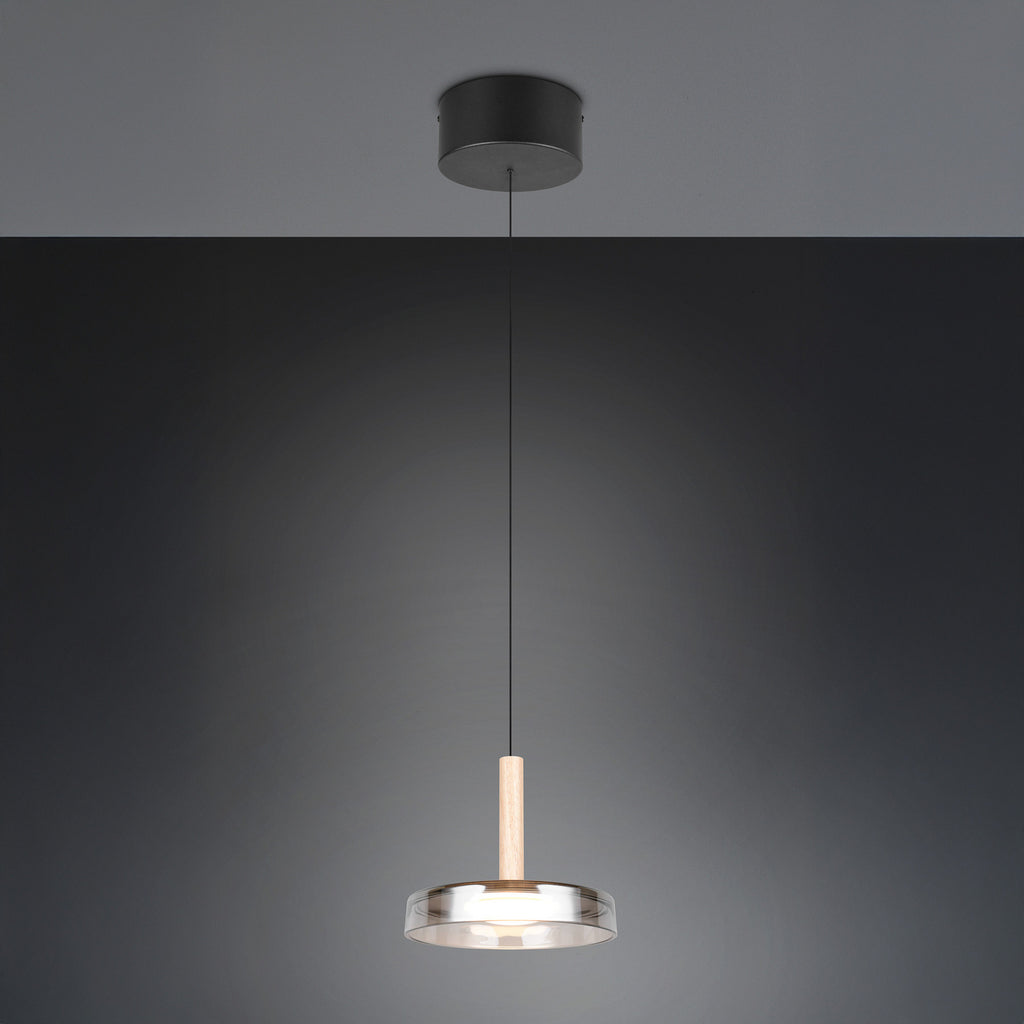 Montert LED pendellampe Celeste dimbar glass og tre krom i stue