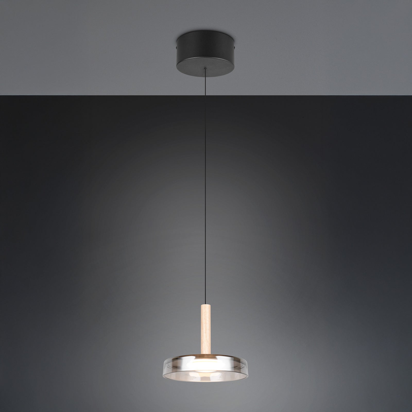 Montert LED pendellampe Celeste dimbar glass og tre krom i stue