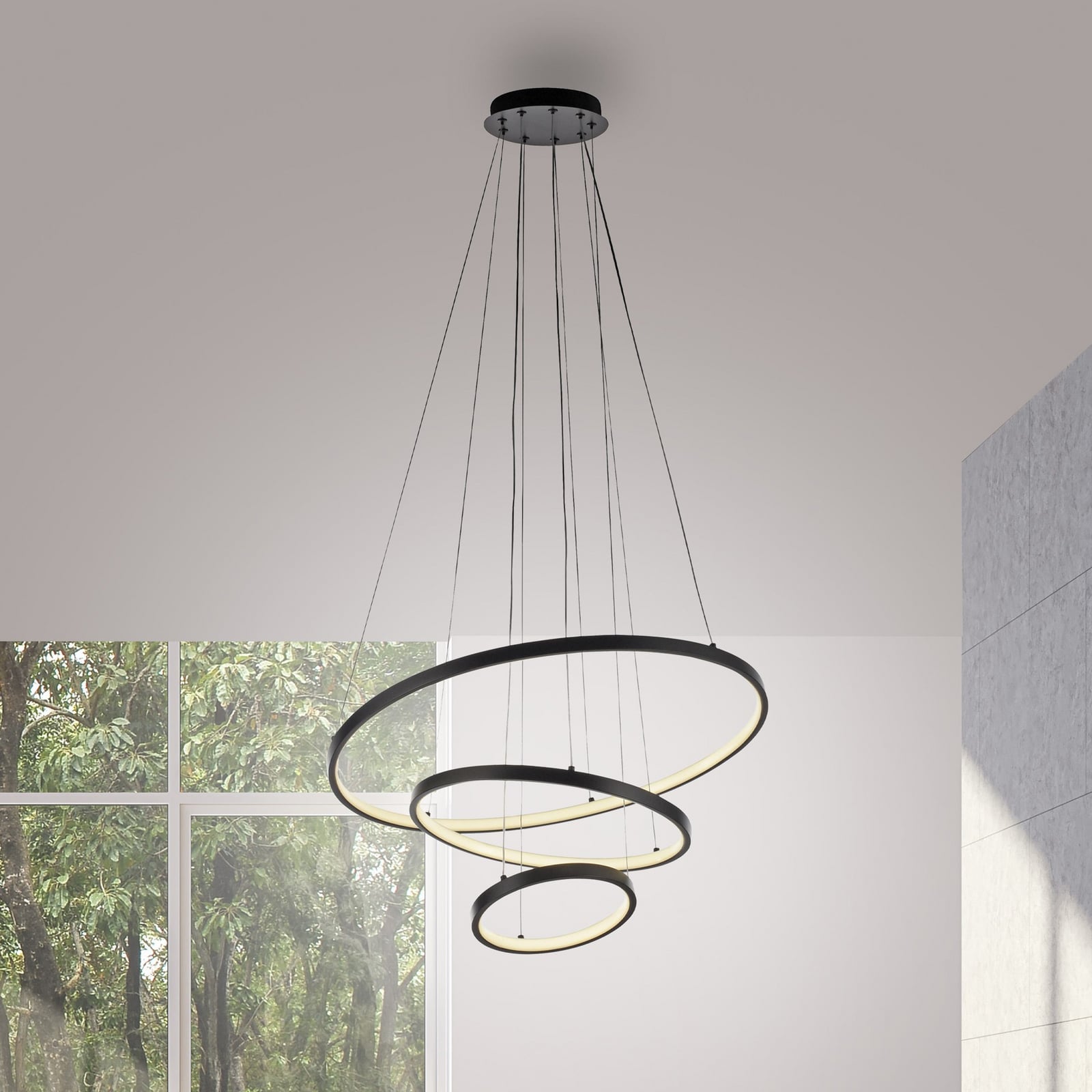 LED pendellampe Cerchi 3 ringer svart Ø60,5 cm forfra