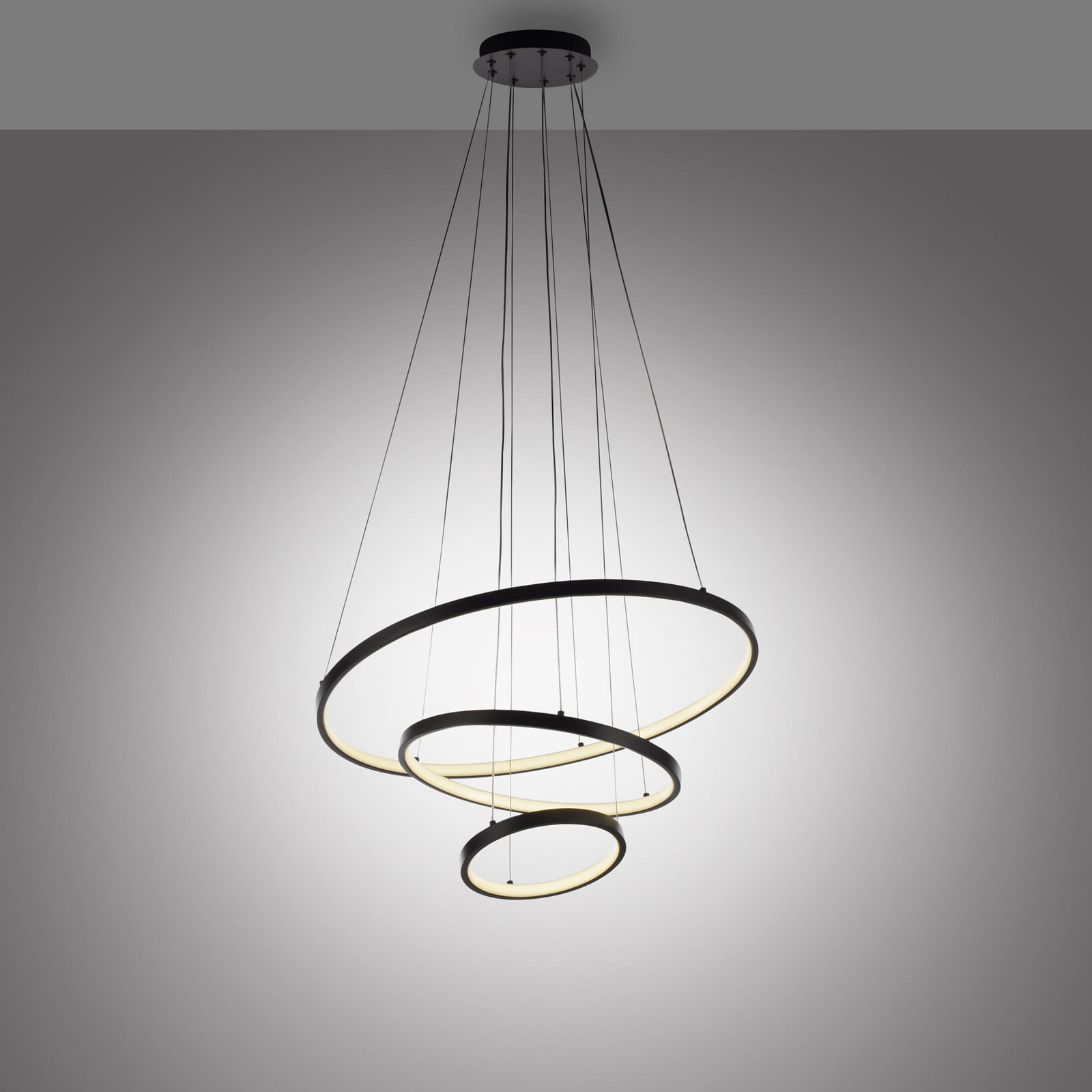 Nærbilde av LED pendellampe Cerchi 3 ringer svart Ø60,5 cm
