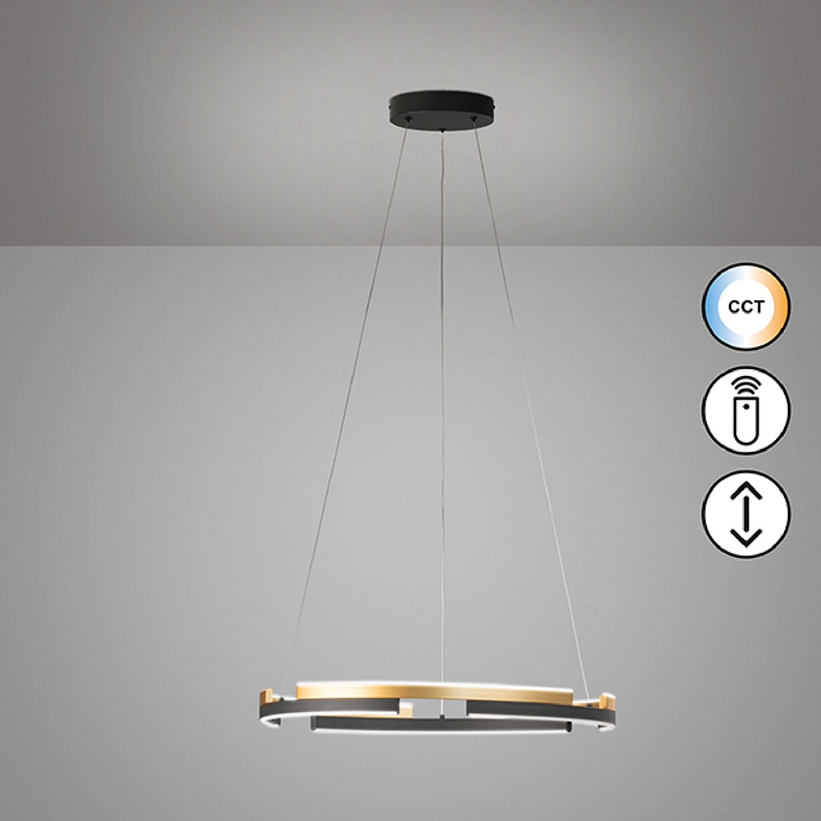 LED pendellampe Circly svart/gull Ø60 cm nærbilde av LED-lyskilde