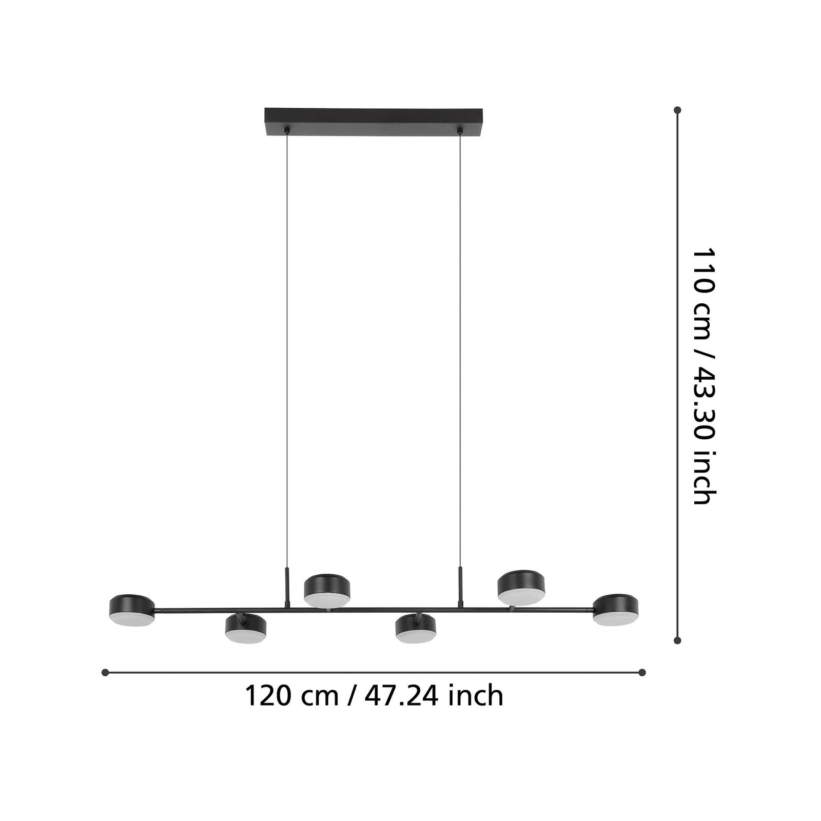 Detalj av LED pendellampe Clavellina 6-lys svart dimbar 120 cm