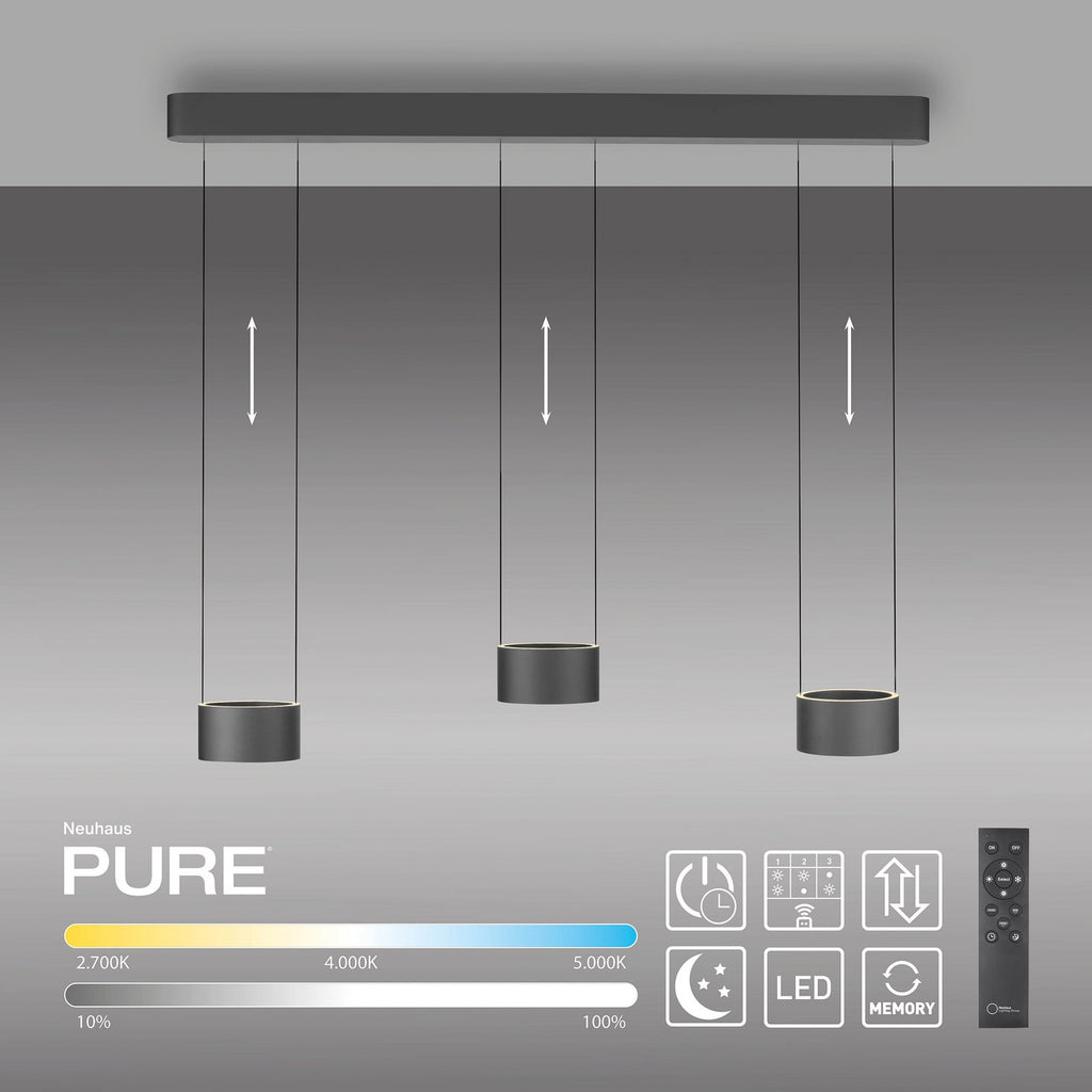LED pendellampe Clipse grå 110 cm 6-lys CCT fjernkontroll sideprofil