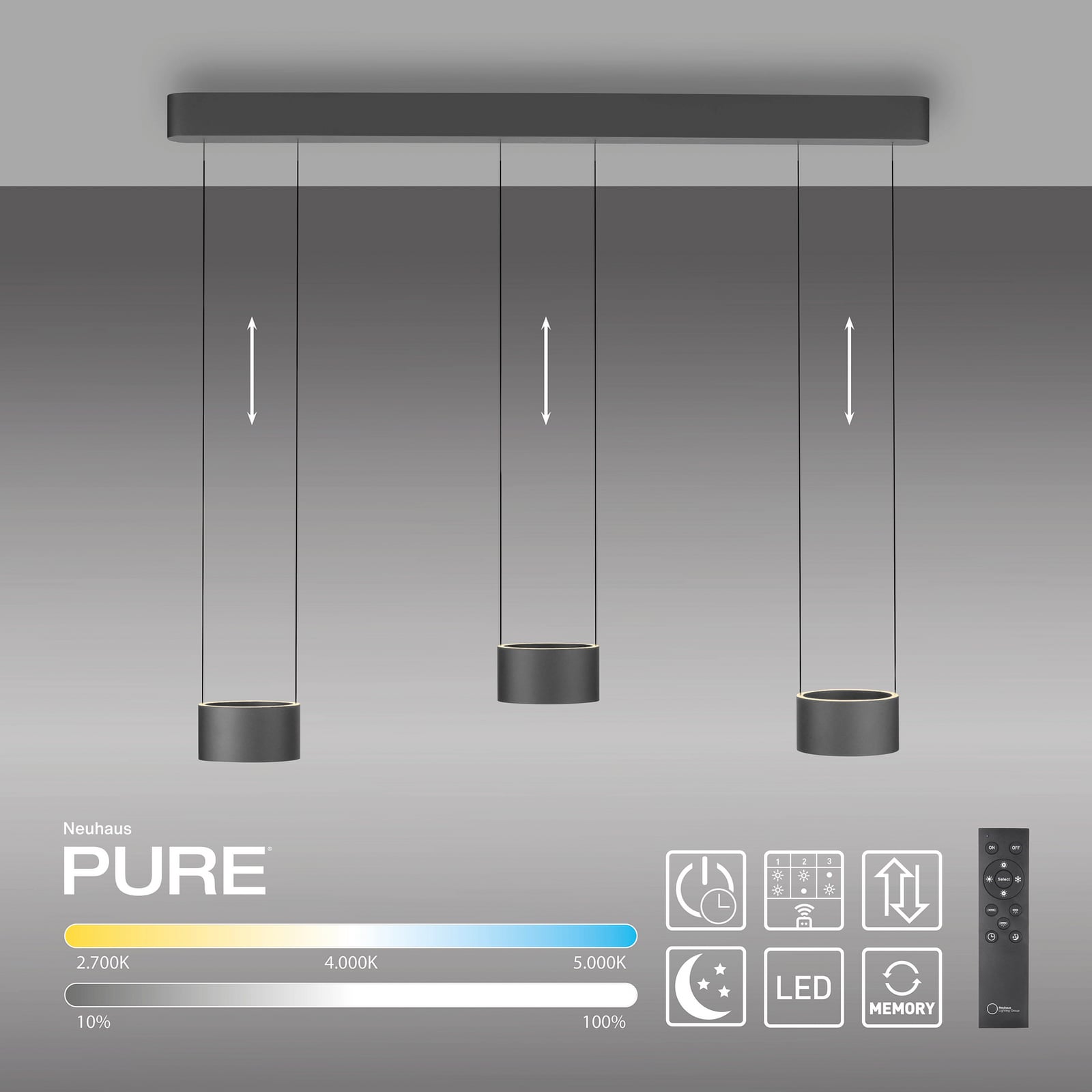 LED pendellampe Clipse grå 110 cm 6-lys CCT fjernkontroll sideprofil