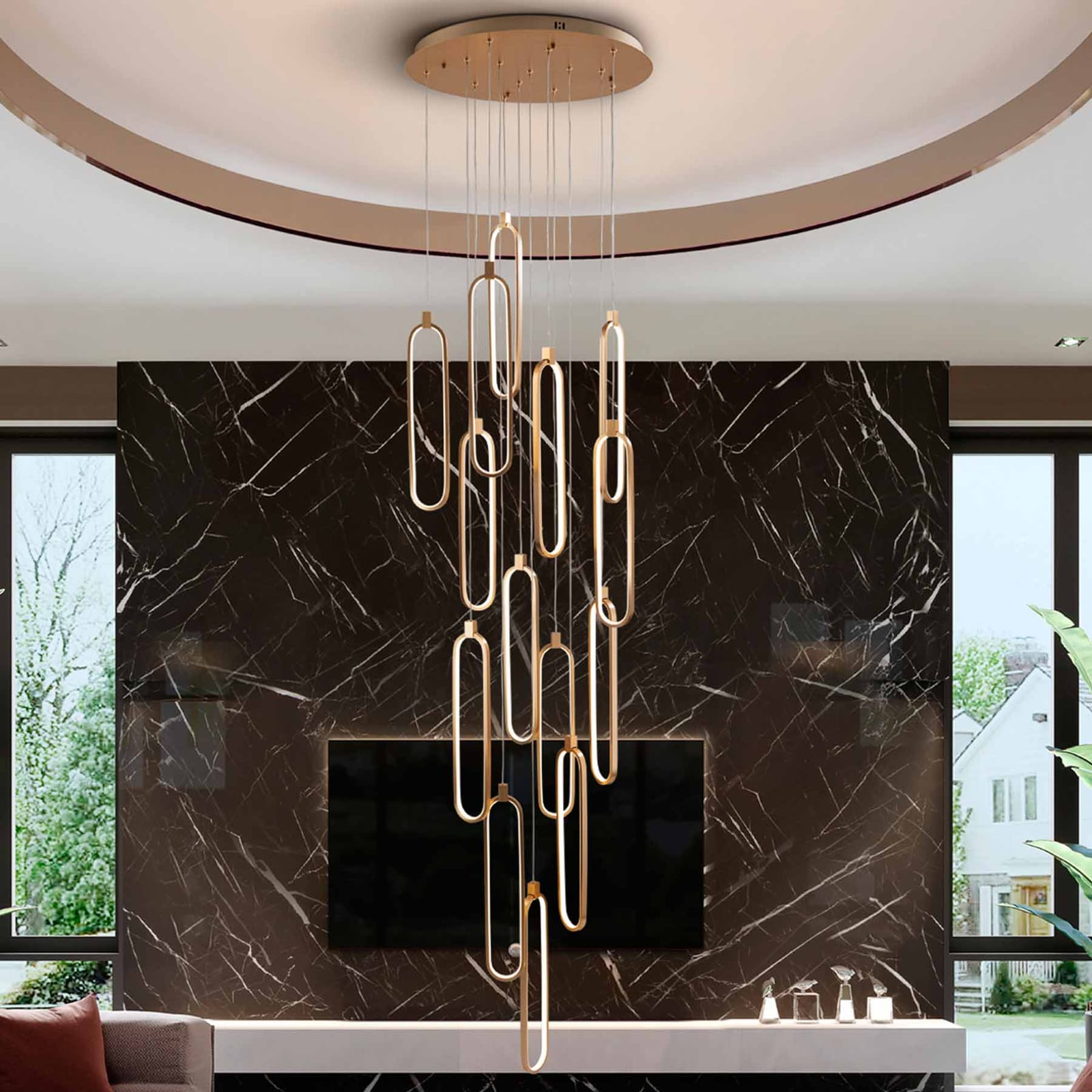 LED pendellampe Colette 14-lys roségull Ø60 cm forfra