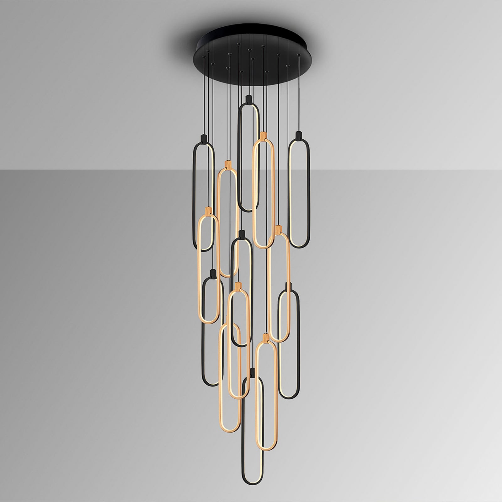 LED pendellampe Colette 14-lys svart roségull detalj