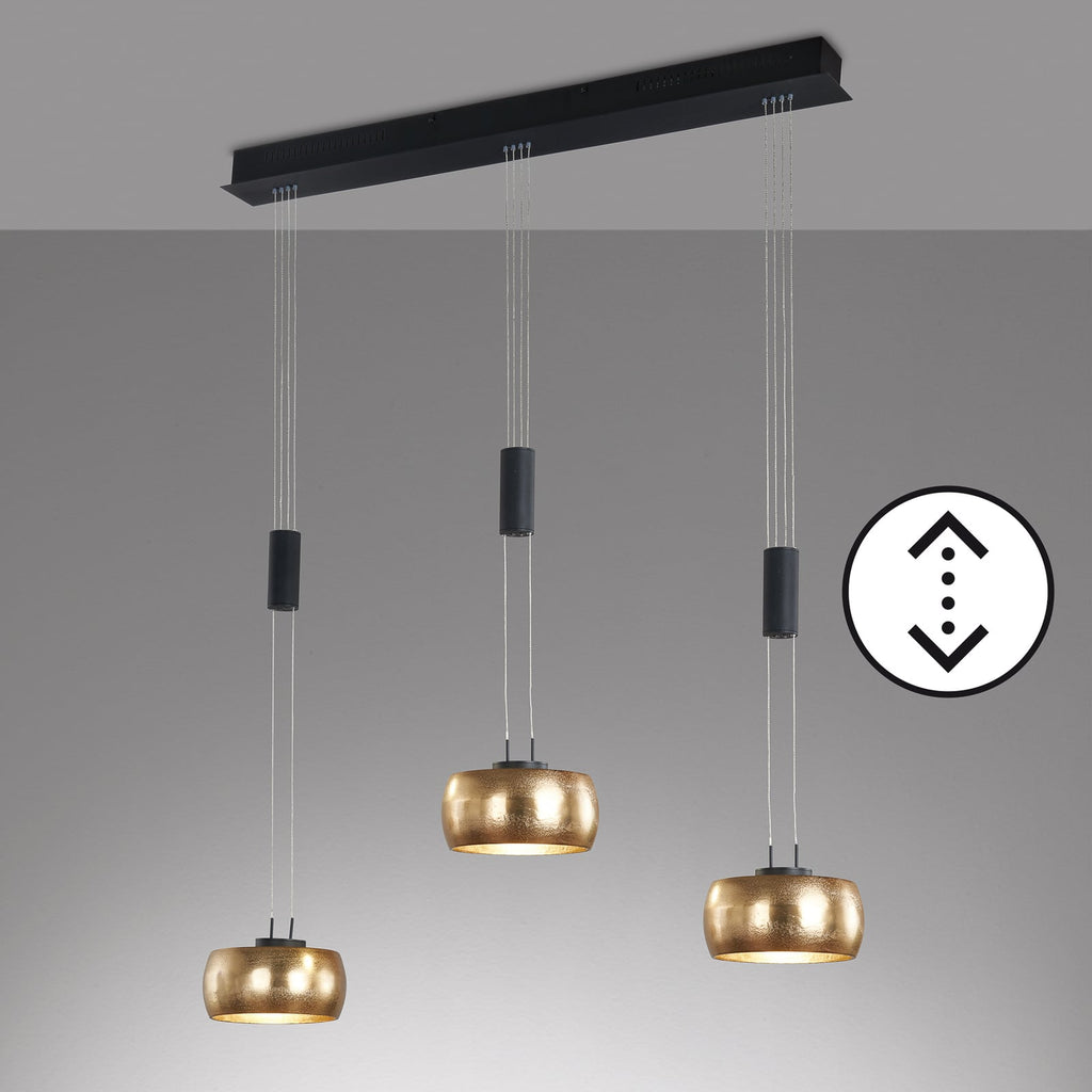 Detalj av LED pendellampe Colette 3-lys gull/svart dimbar 100 cm