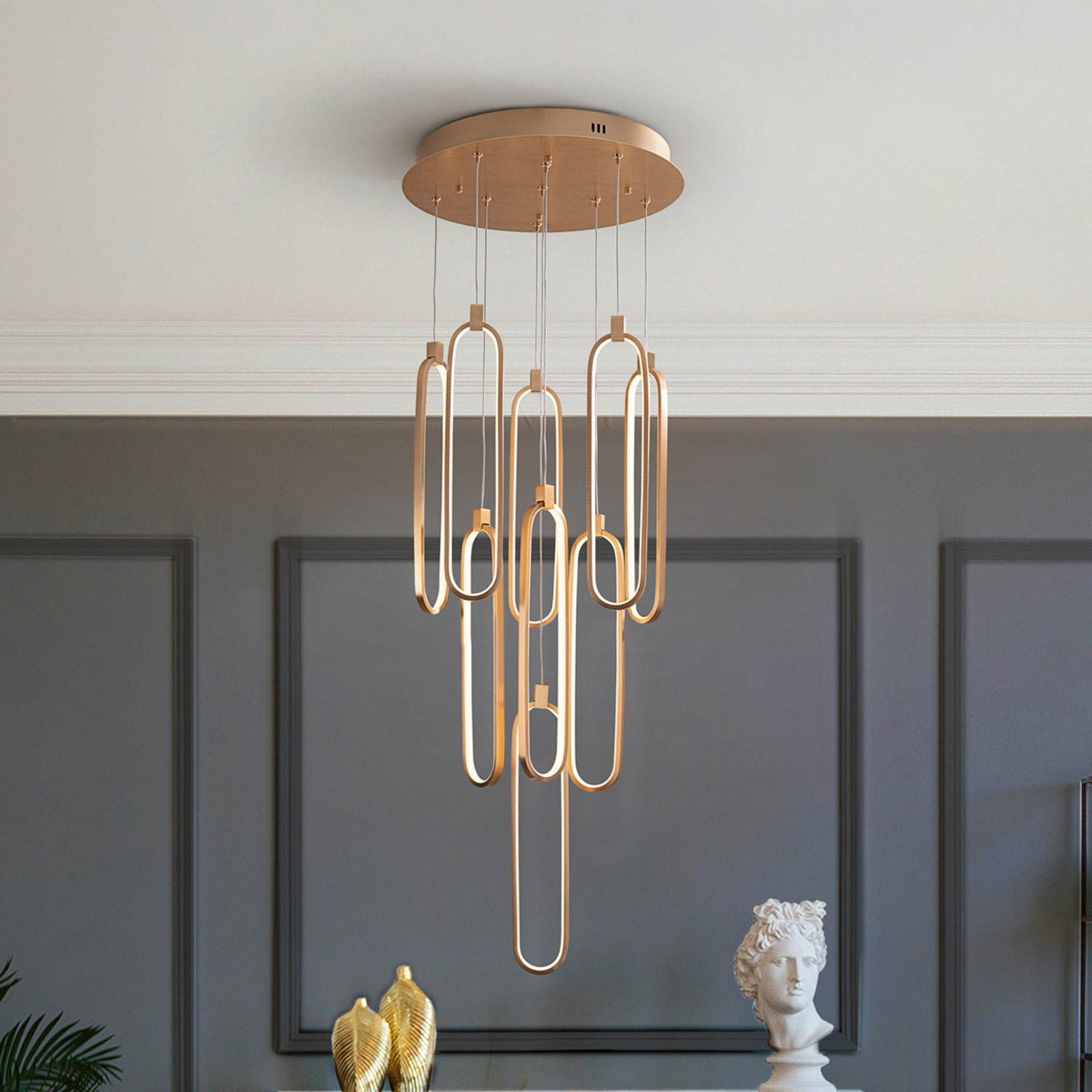 LED pendellampe Colette 9-lys dimbar roségull Ø50 cm forfra