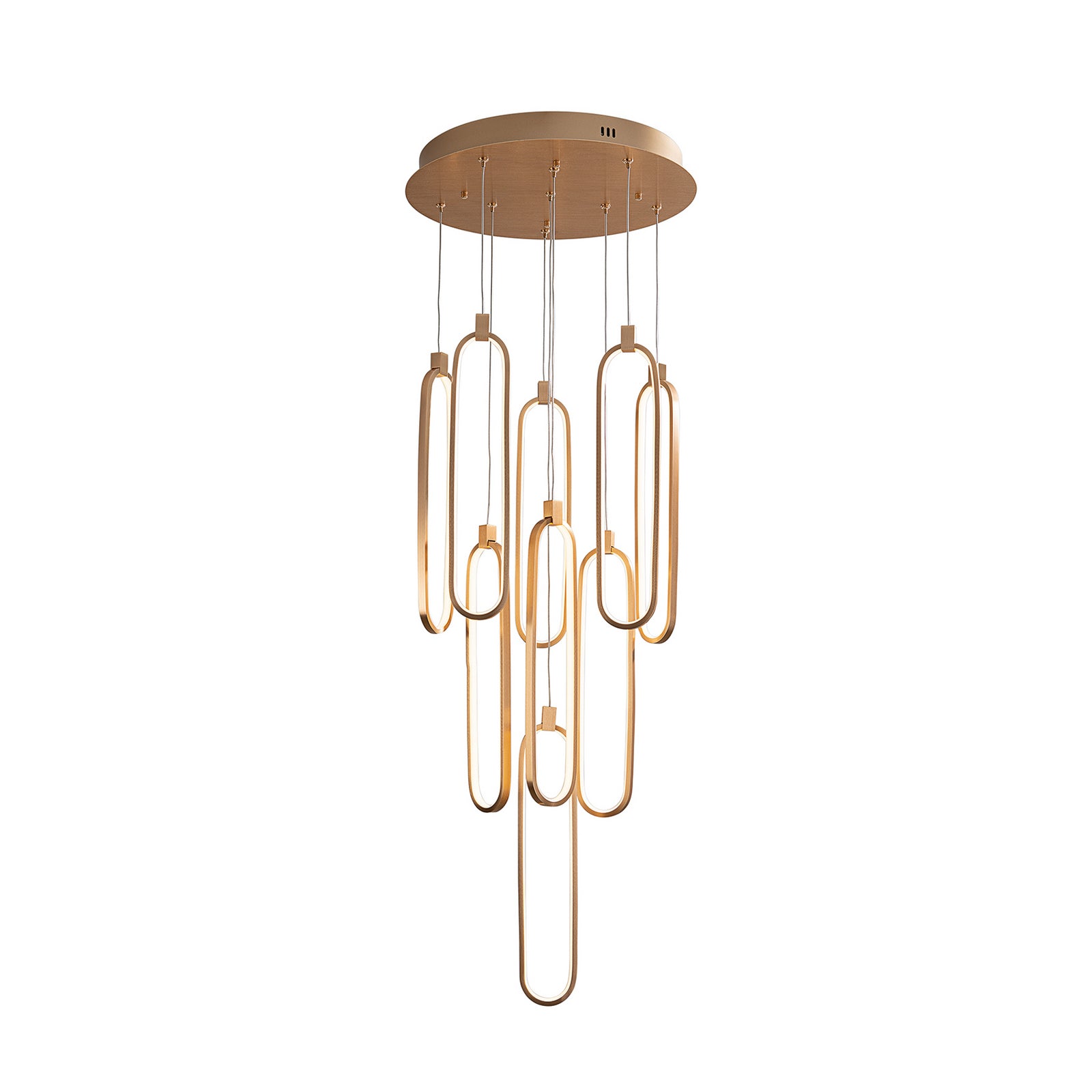 LED pendellampe Colette 9-lys dimbar roségull Ø50 cm montert i stue