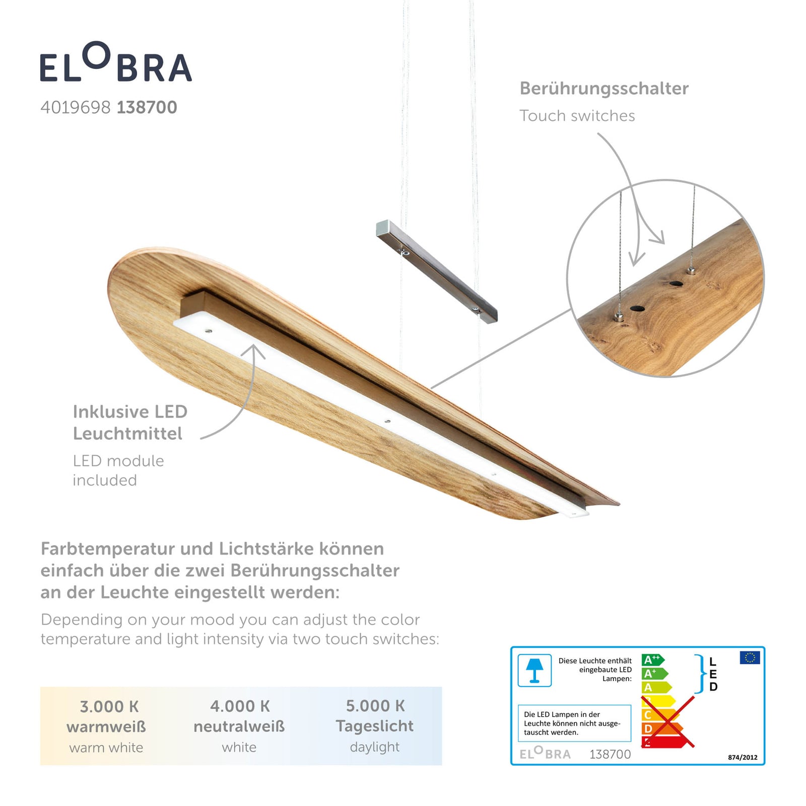 LED pendellampe Colombia XL eik dimbar CCT justerbar høyde