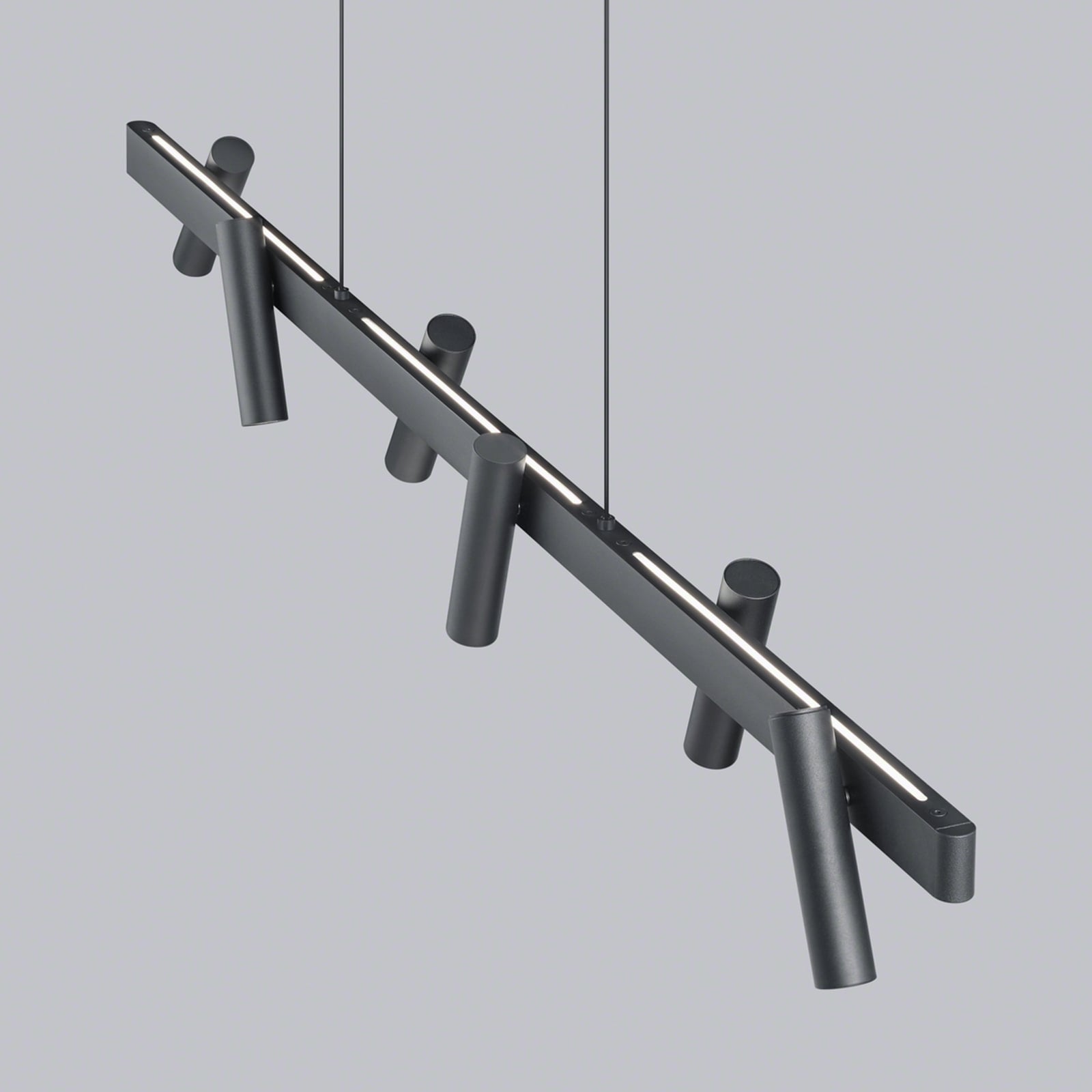 Nærbilde av justerbare spotter på LED pendellampe Coni 6 spotter svart dimbar 120 cm