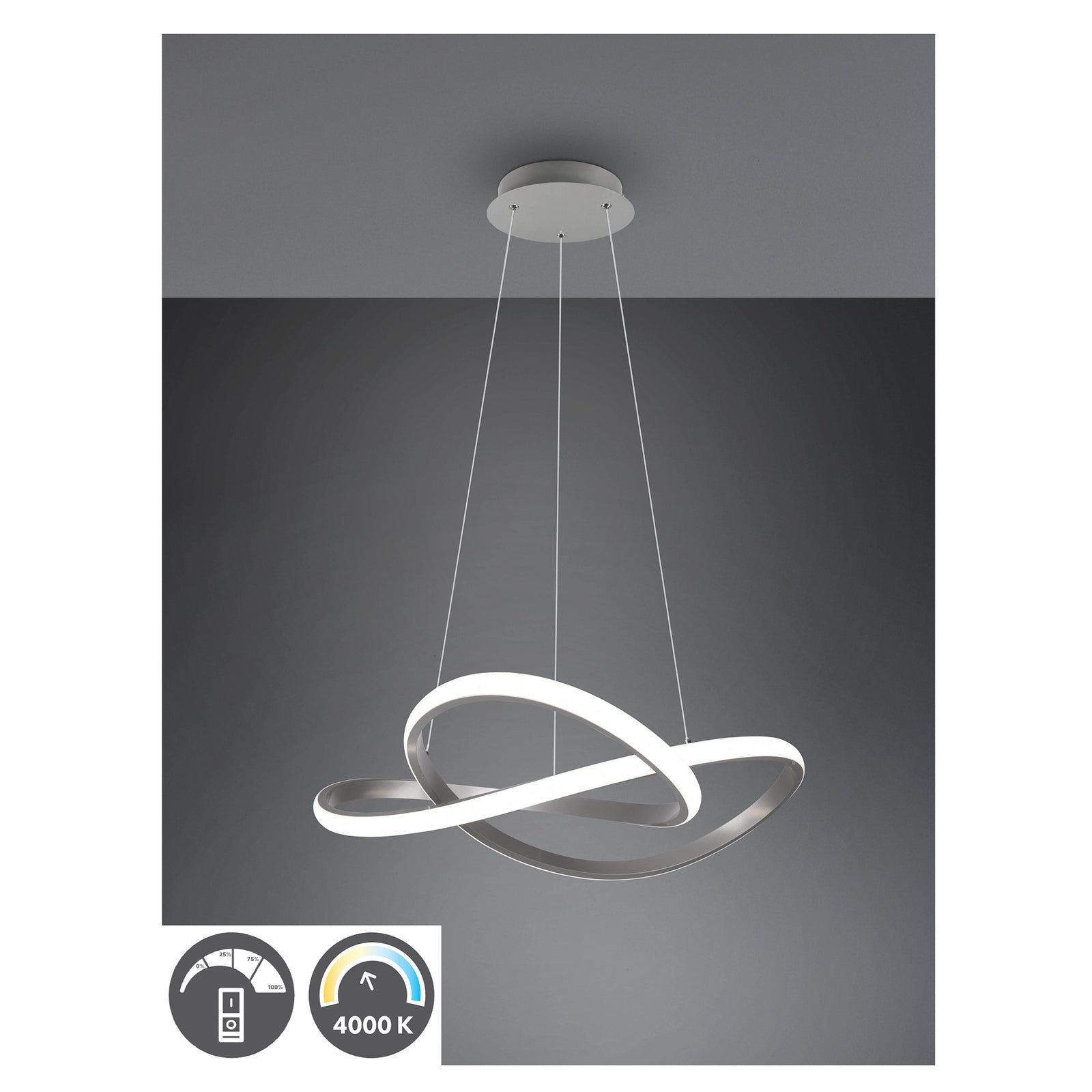 LED pendellampe Course dimbar matt nikkel Ø60 cm montert