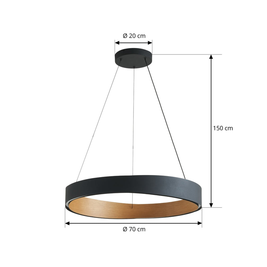 LED pendellampe Daelor svart/tre CCT dimbar Ø70 cm nærbilde