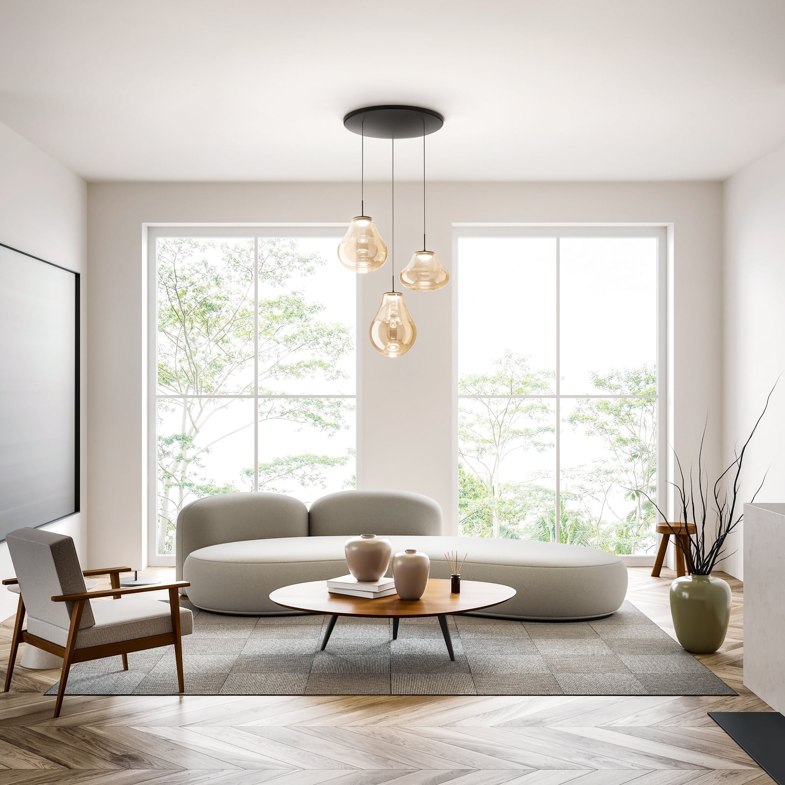 LED pendellampe Deva 3-lys glass amber bakside