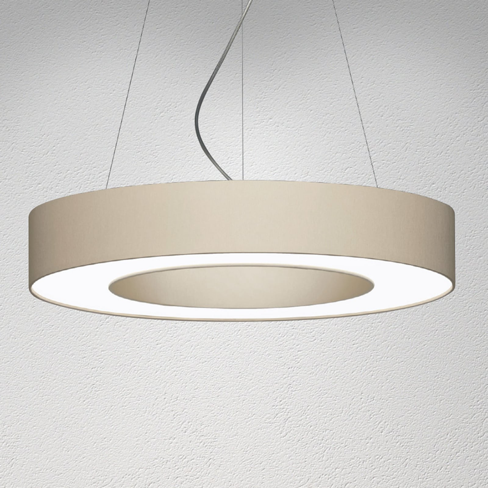 LED pendellampe Donut dimbar stoff beige Ø60 cm forfra