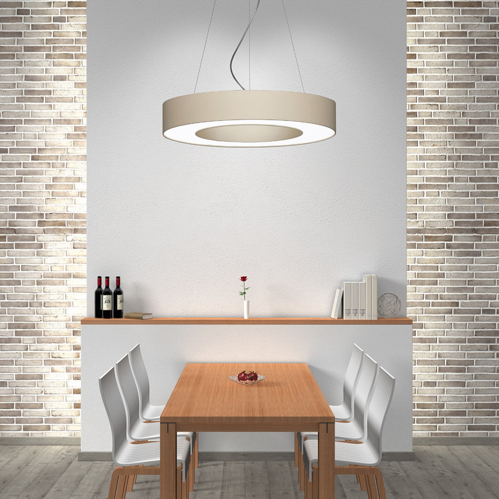 LED pendellampe Donut dimbar stoff beige Ø60 cm nærbilde