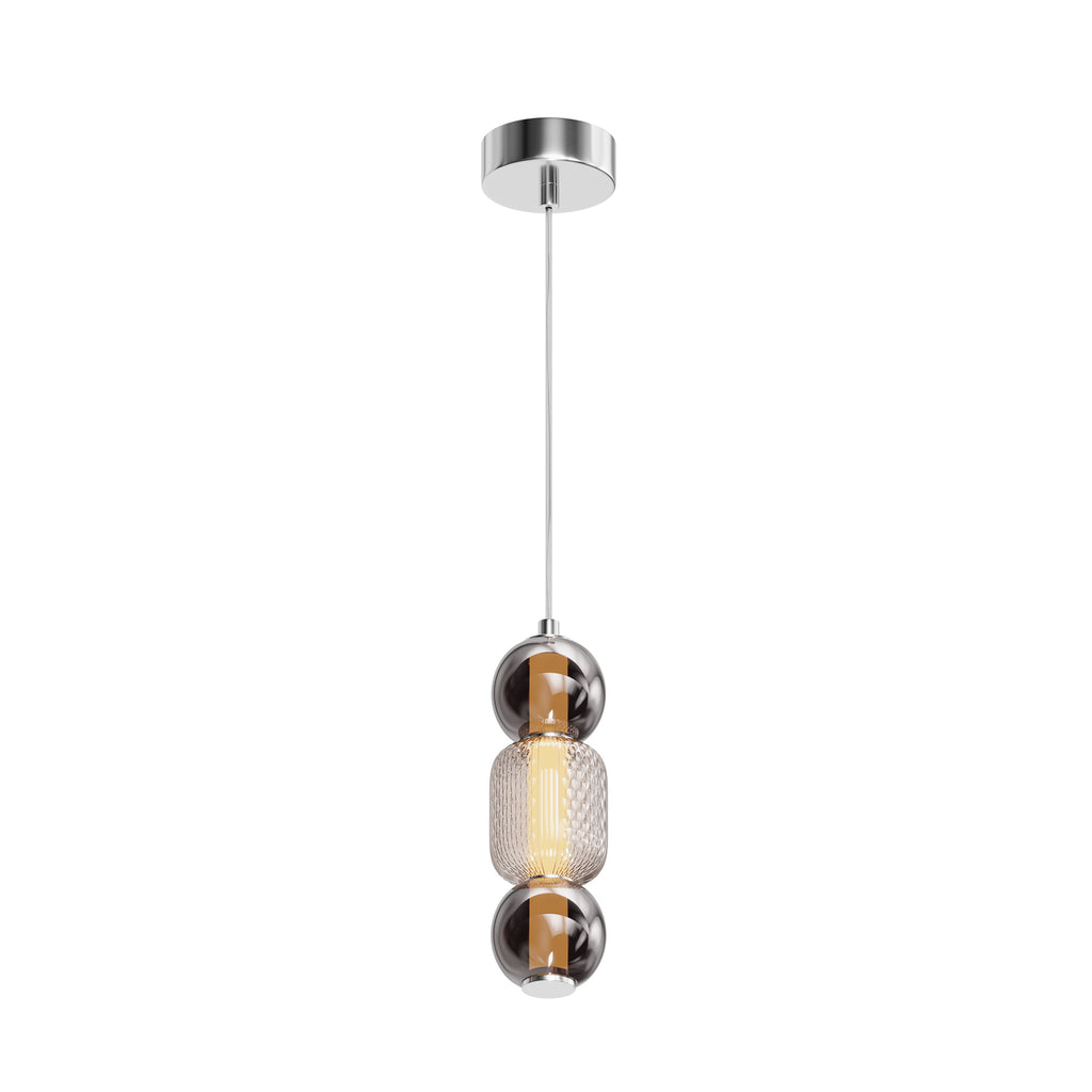 LED pendellampe Drop glass røykgrå/krom Ø10 cm forfra