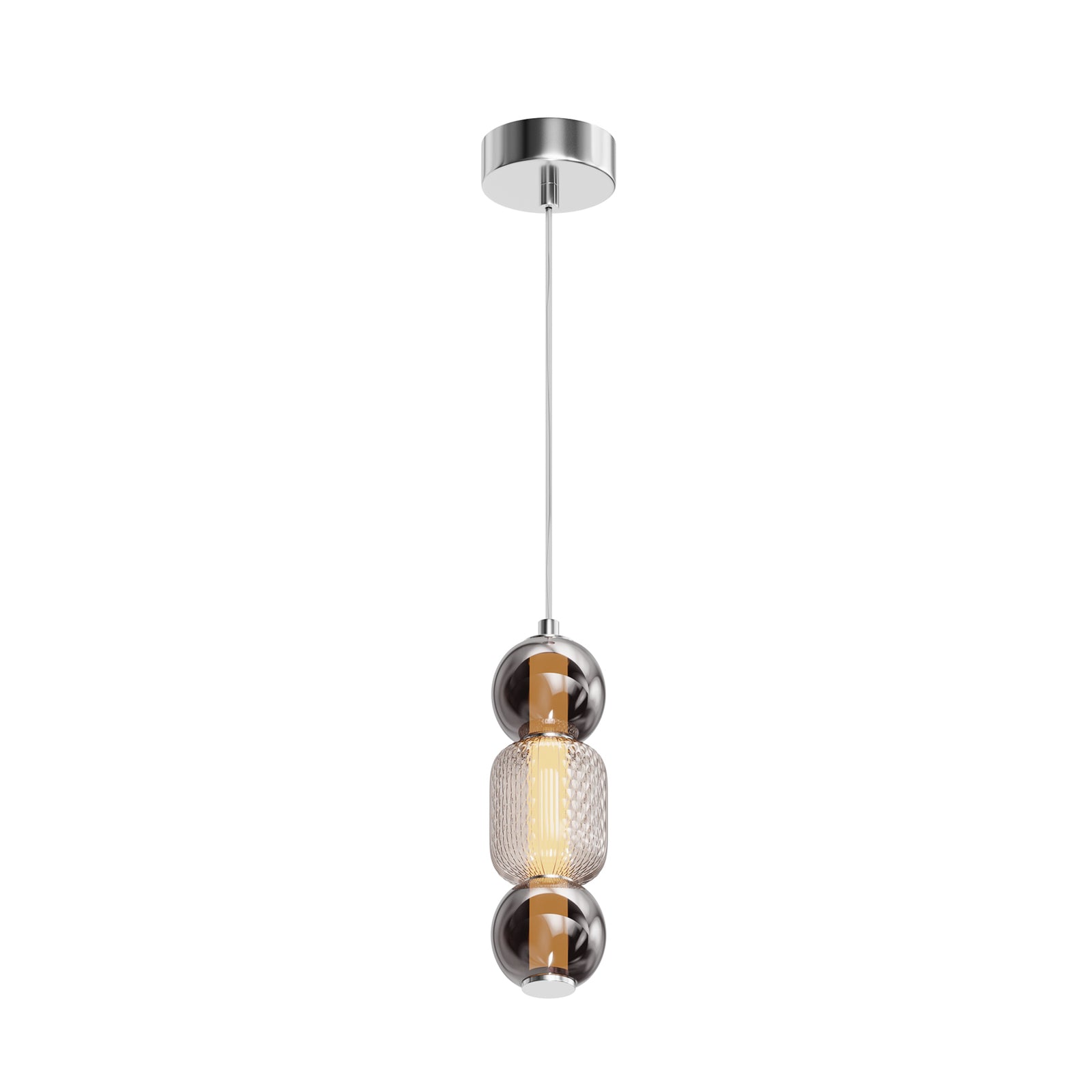 LED pendellampe Drop glass røykgrå/krom Ø10 cm forfra